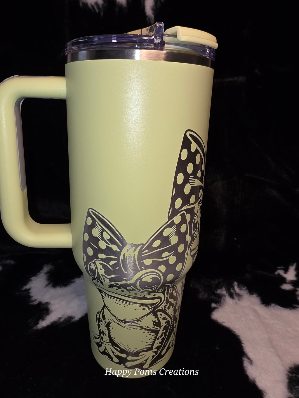 Cute Frog Bow 40oz Tumbler with Handle | Engraved Frog Travel Mug | Stainless Steel Cup with Straw | Frog Lover Gift