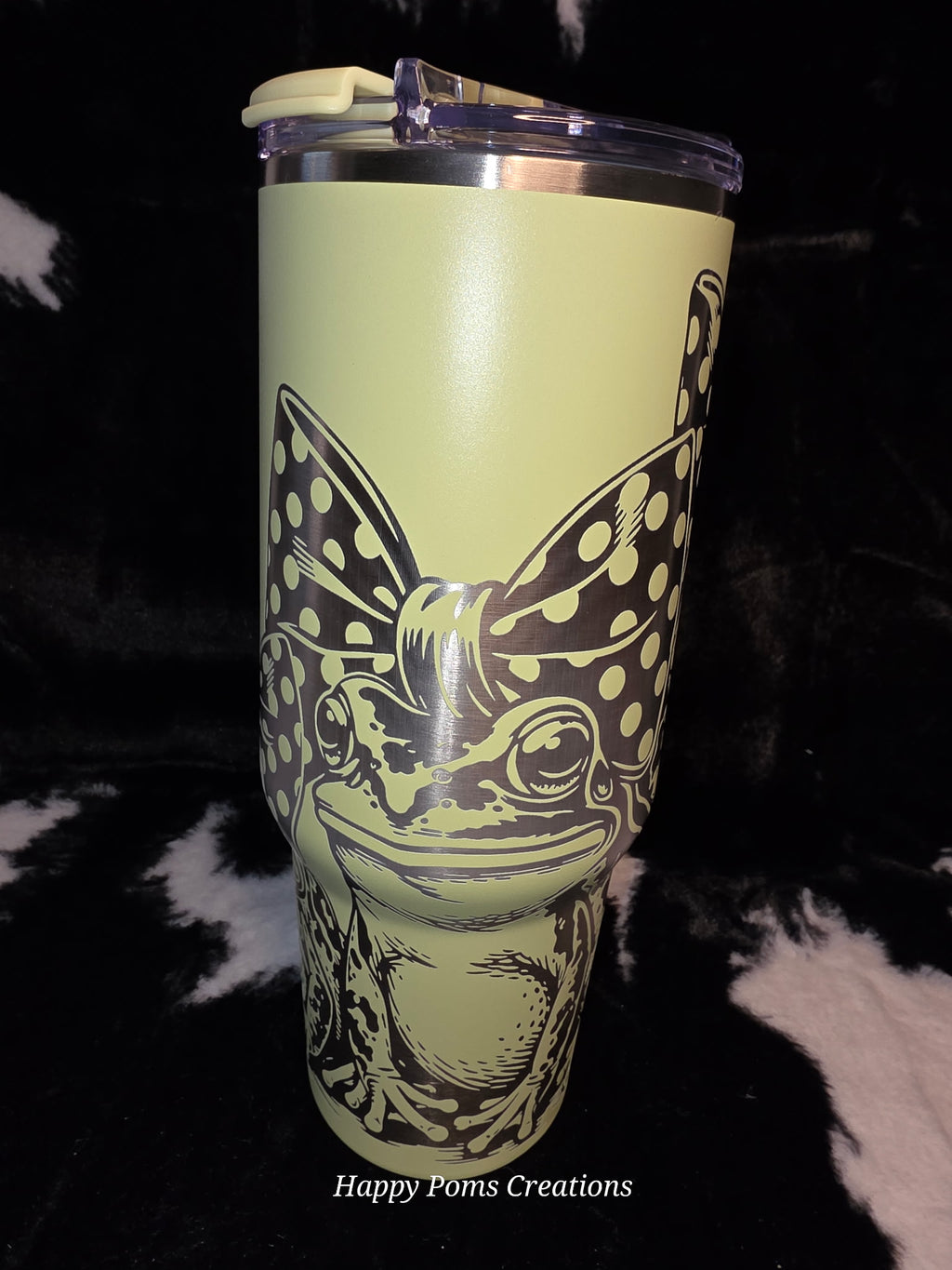 Cute Frog Bow 40oz Tumbler with Handle | Engraved Frog Travel Mug | Stainless Steel Cup with Straw | Frog Lover Gift