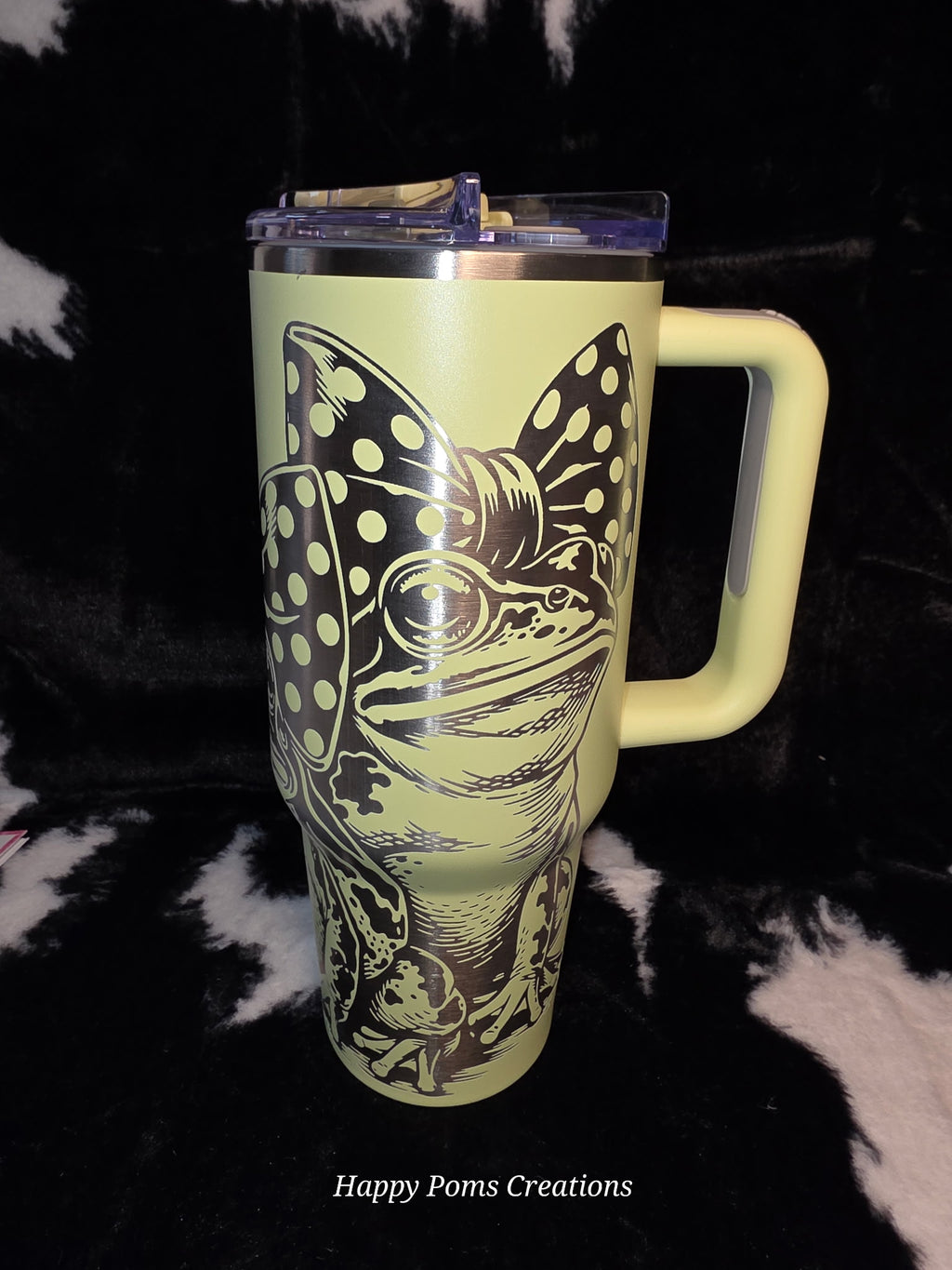 Cute Frog Bow 40oz Tumbler with Handle | Engraved Frog Travel Mug | Stainless Steel Cup with Straw | Frog Lover Gift