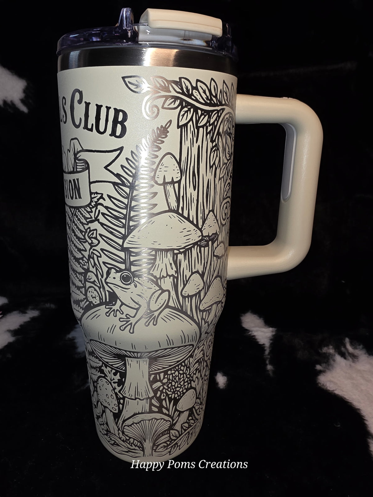 Weird Girls Club Fungi Division Travel Mug | Mushroom Lover Tumbler with Handle | Cottagecore Botanical Cup | Frog & Forest Engraved Style Mug | Gift for Mycology Fans