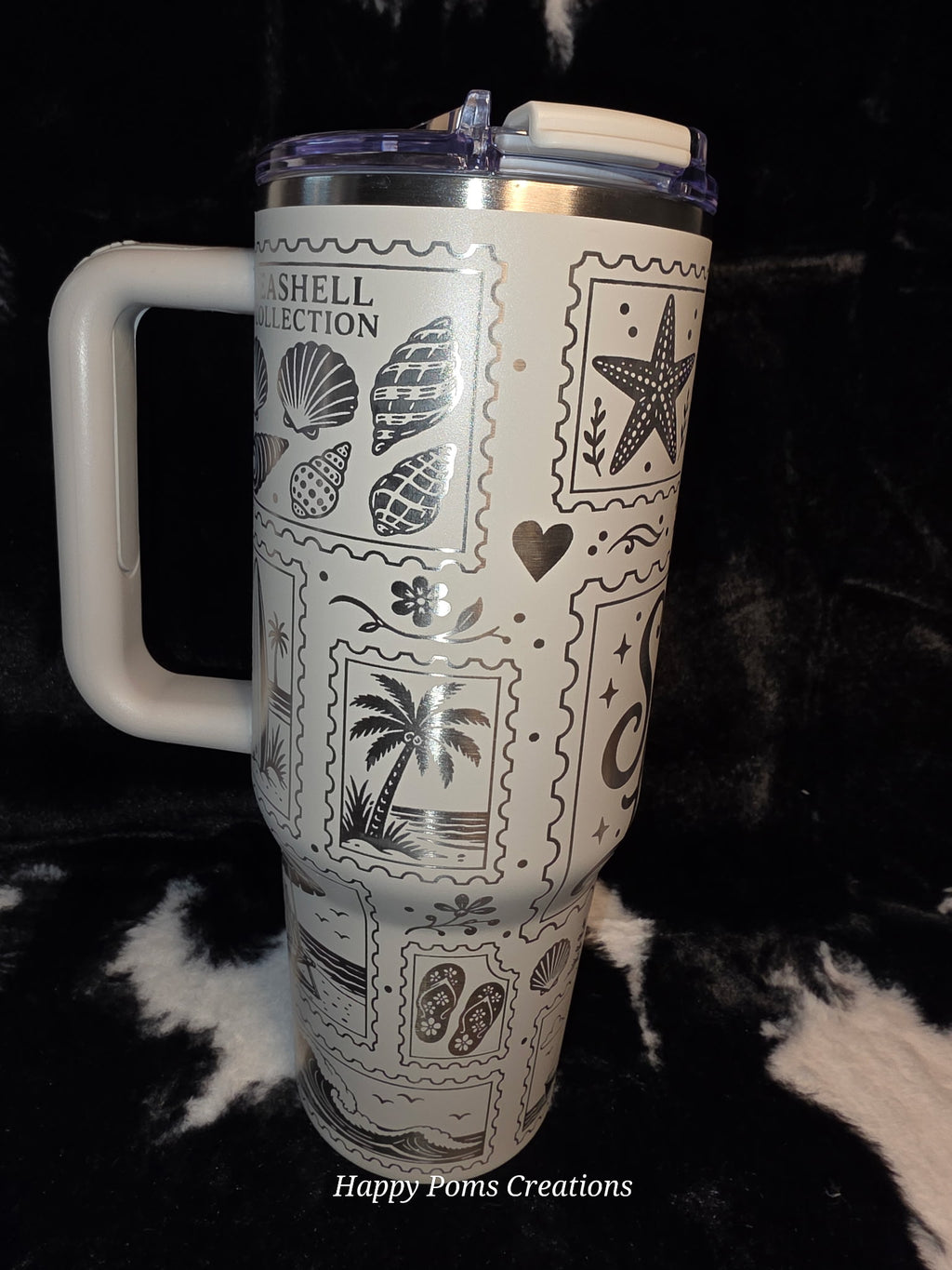Salty Life 40oz Beach Tumbler with Handle | Coastal Travel Mug | Ocean Lover Gift | Seashell & Lighthouse Engraved Style Cup | Beach Vacation Drinkware