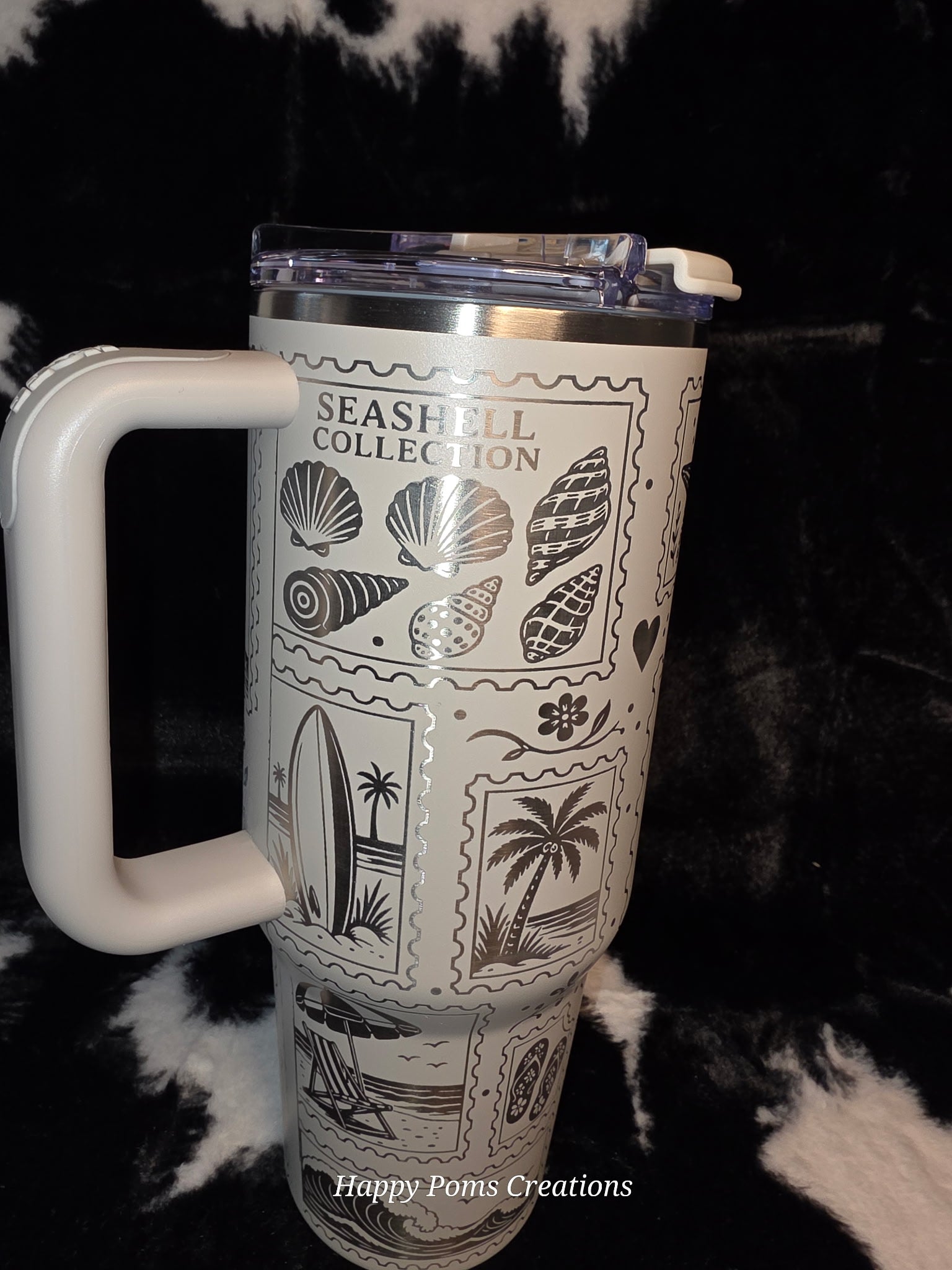 Salty Life 40oz Beach Tumbler with Handle | Coastal Travel Mug | Ocean Lover Gift | Seashell & Lighthouse Engraved Style Cup | Beach Vacation Drinkware