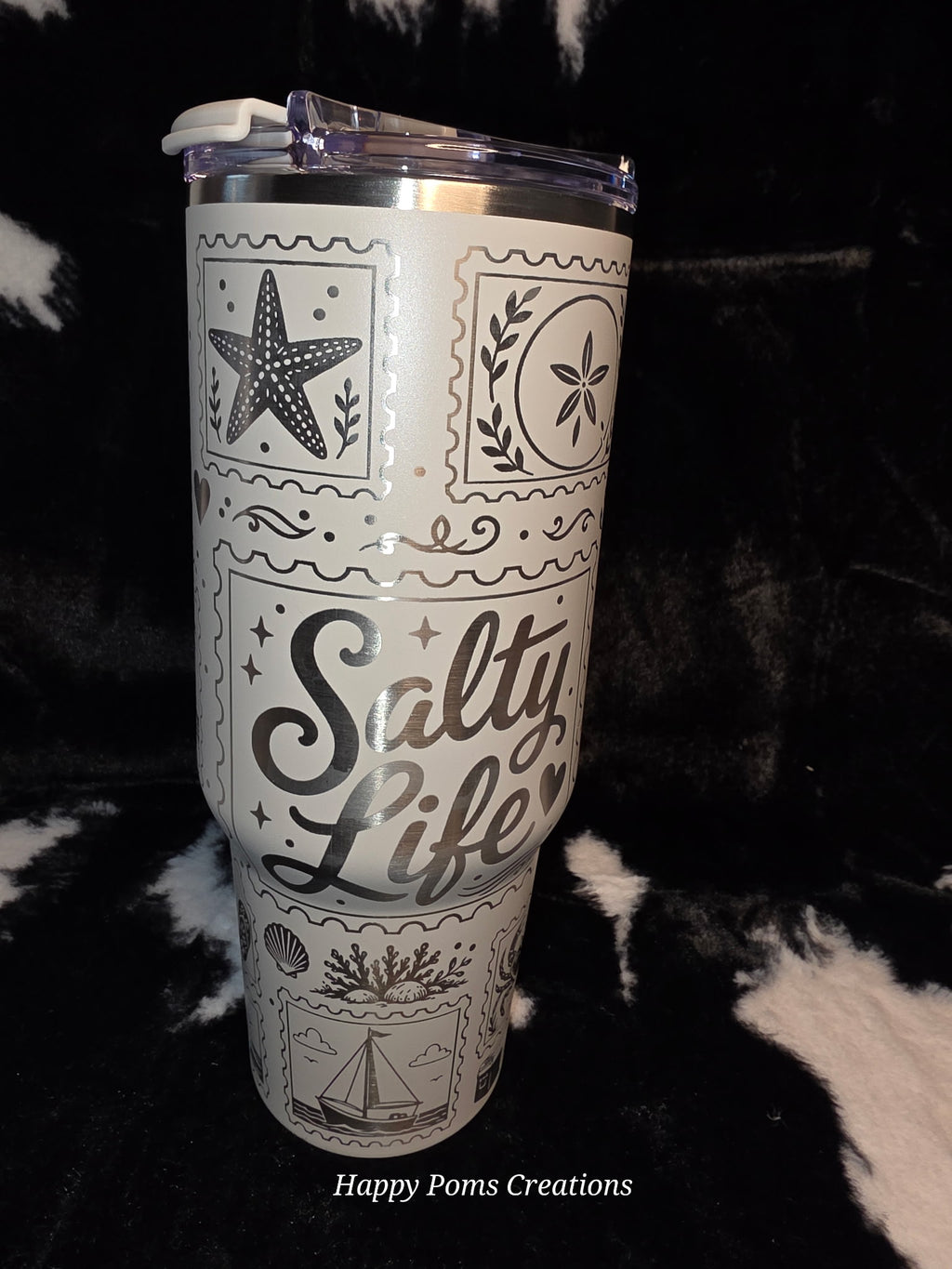 Salty Life 40oz Beach Tumbler with Handle | Coastal Travel Mug | Ocean Lover Gift | Seashell & Lighthouse Engraved Style Cup | Beach Vacation Drinkware