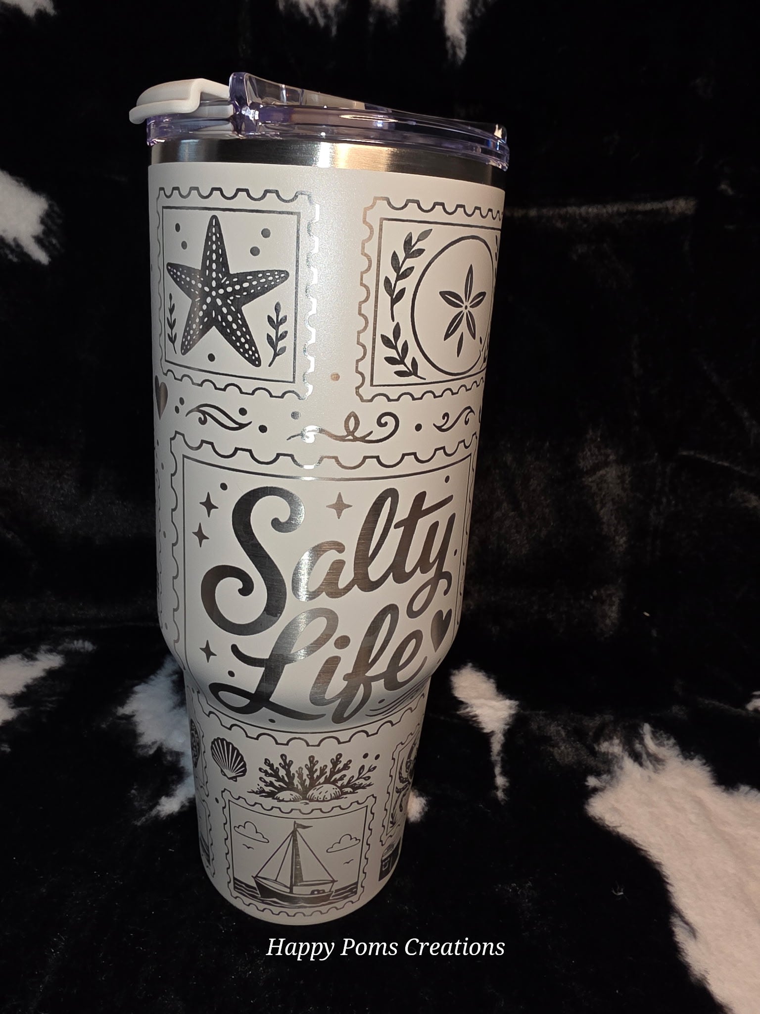 Salty Life 40oz Beach Tumbler with Handle | Coastal Travel Mug | Ocean Lover Gift | Seashell & Lighthouse Engraved Style Cup | Beach Vacation Drinkware