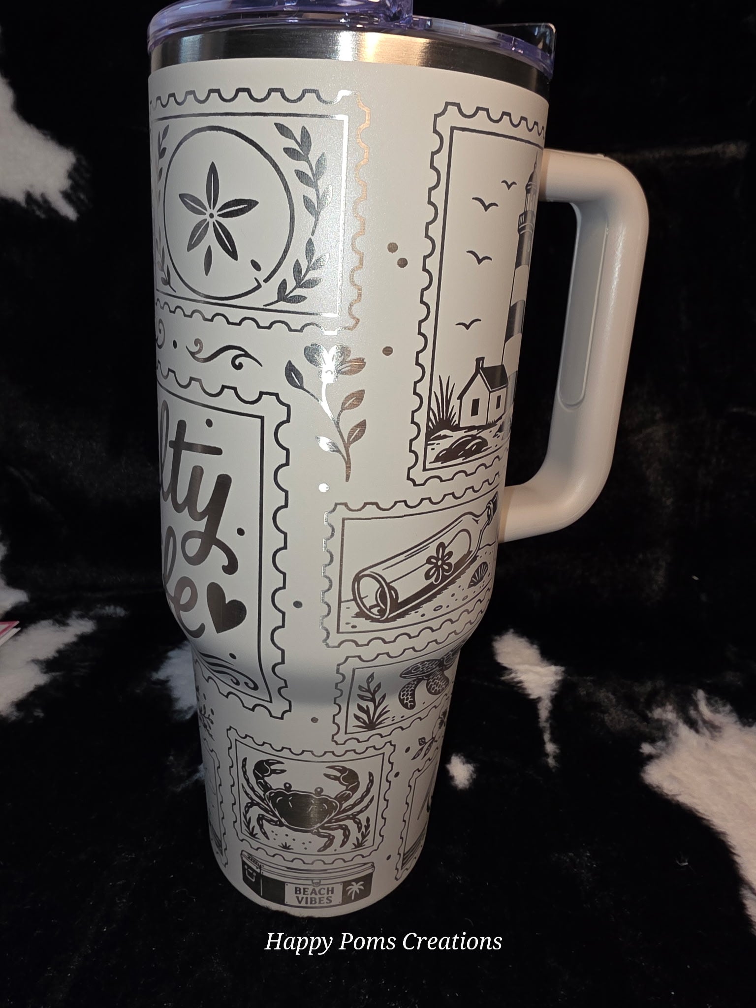 Salty Life 40oz Beach Tumbler with Handle | Coastal Travel Mug | Ocean Lover Gift | Seashell & Lighthouse Engraved Style Cup | Beach Vacation Drinkware