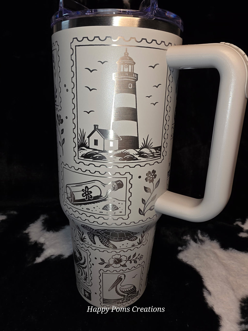 Salty Life 40oz Beach Tumbler with Handle | Coastal Travel Mug | Ocean Lover Gift | Seashell & Lighthouse Engraved Style Cup | Beach Vacation Drinkware