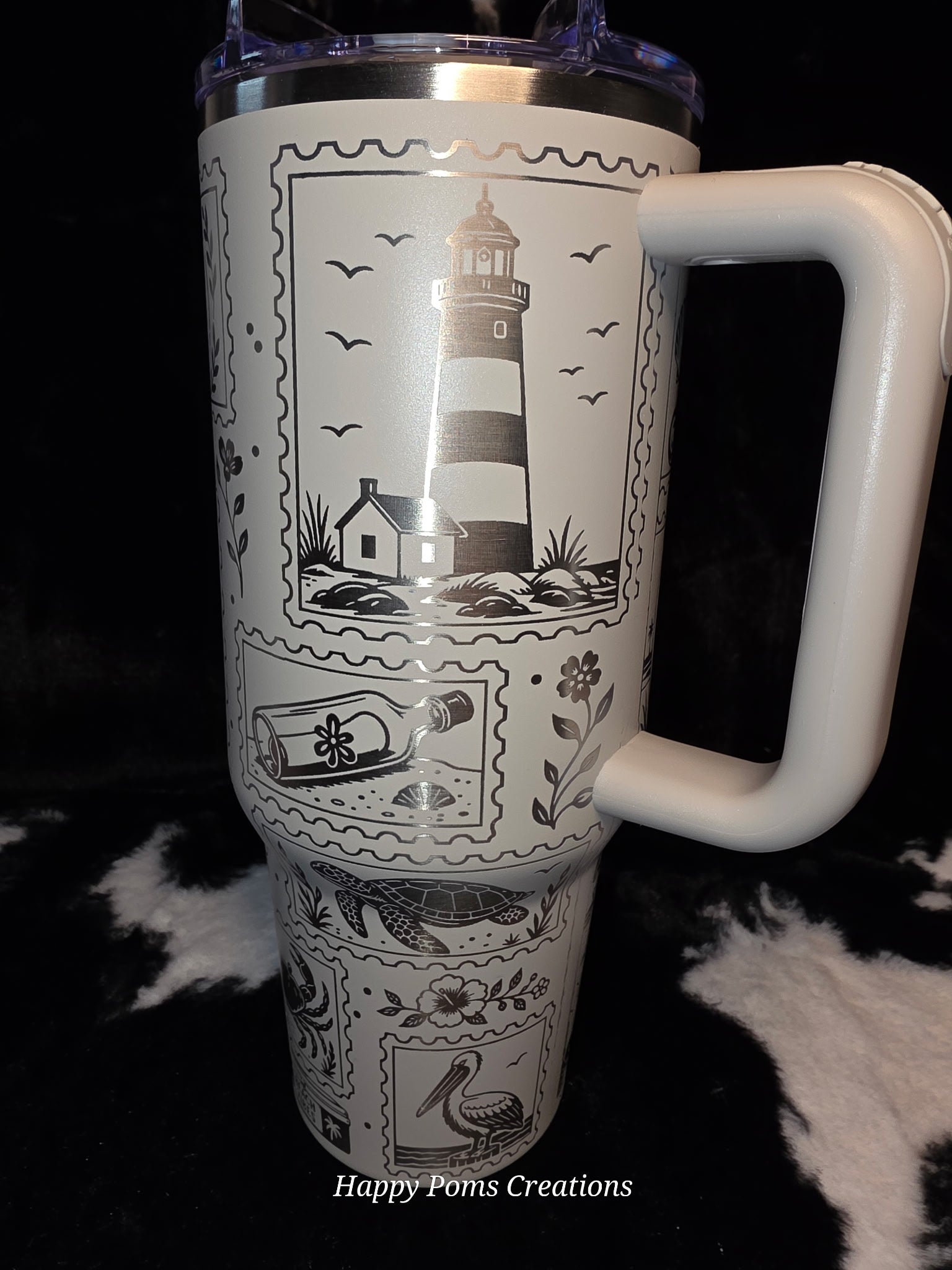 Salty Life 40oz Beach Tumbler with Handle | Coastal Travel Mug | Ocean Lover Gift | Seashell & Lighthouse Engraved Style Cup | Beach Vacation Drinkware