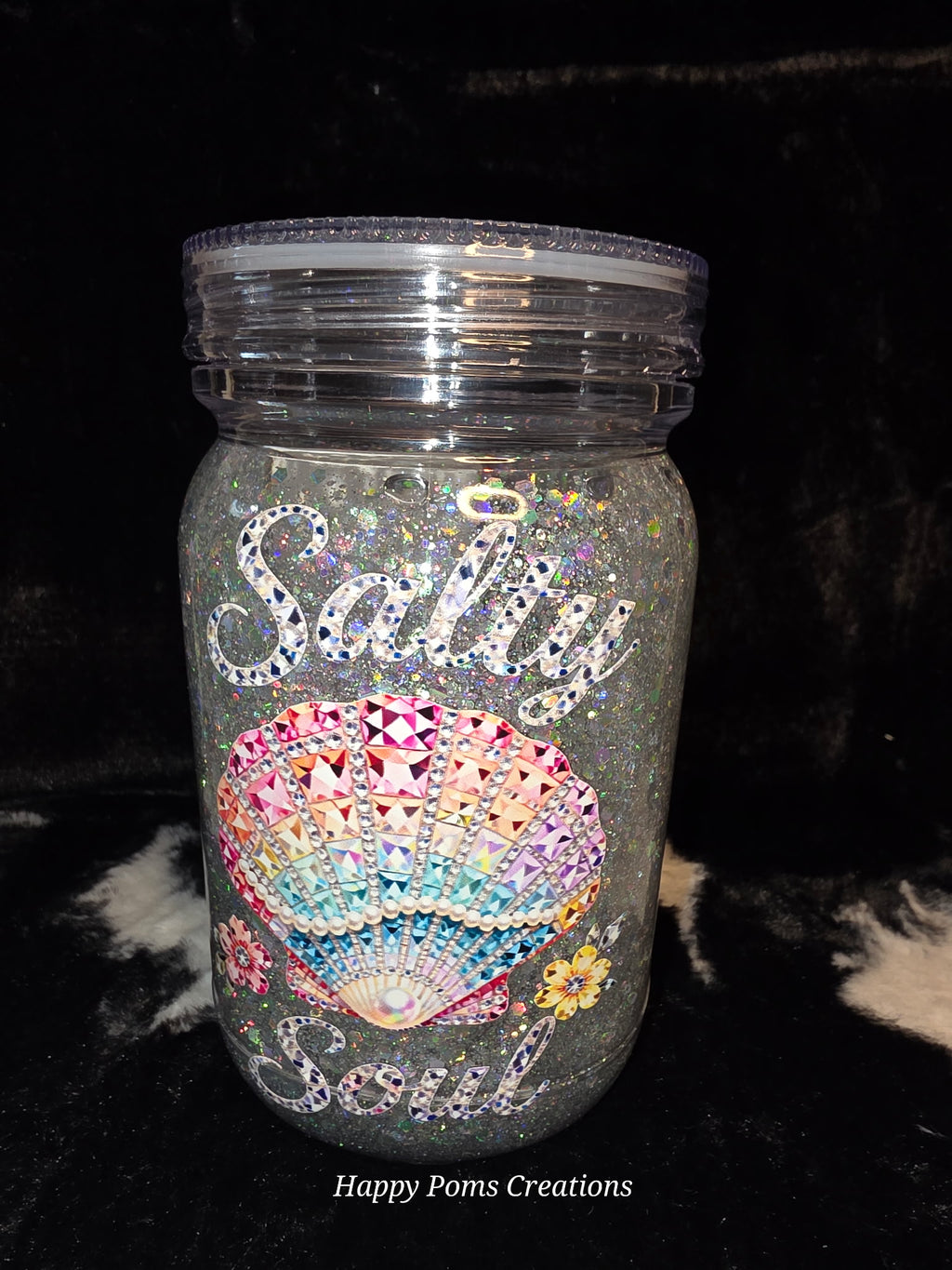 Salty Soul Glitter Mason Jar Tumbler | Beach Lover Cup | Coastal Seashell Glitter Mug | Ocean Inspired Travel Cup | Summer Gift for Her