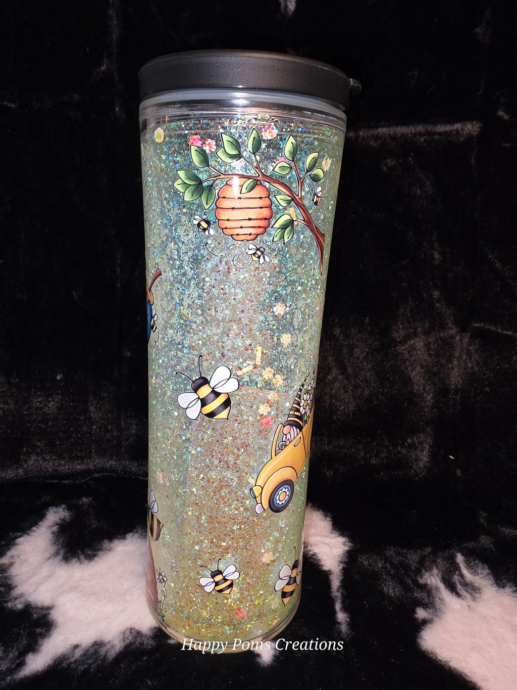 Bee Gnome Glitter Tumbler, 24oz Double Wall Cup, Cute Bumble Bee Travel Tumbler, Spring Floral Gnome Cup, Handmade Gift