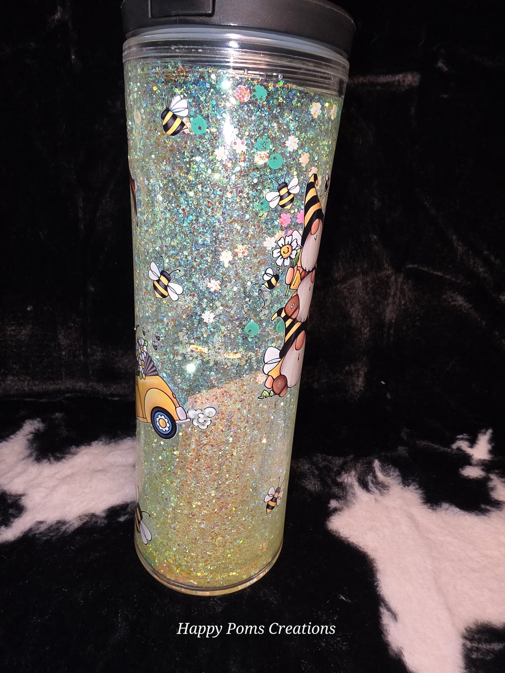 Bee Gnome Glitter Tumbler, 24oz Double Wall Cup, Cute Bumble Bee Travel Tumbler, Spring Floral Gnome Cup, Handmade Gift
