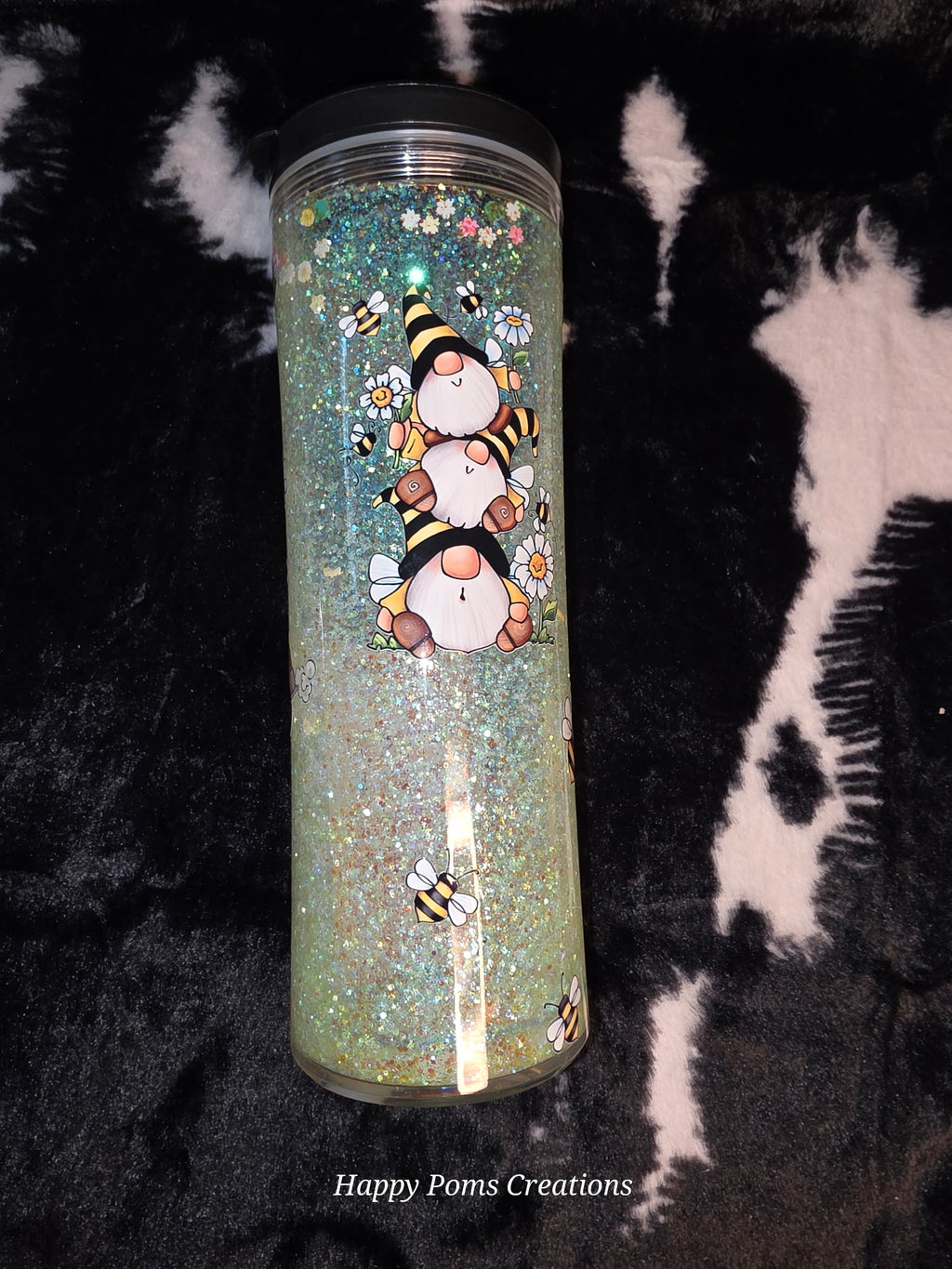 Bee Gnome Glitter Tumbler, 24oz Double Wall Cup, Cute Bumble Bee Travel Tumbler, Spring Floral Gnome Cup, Handmade Gift