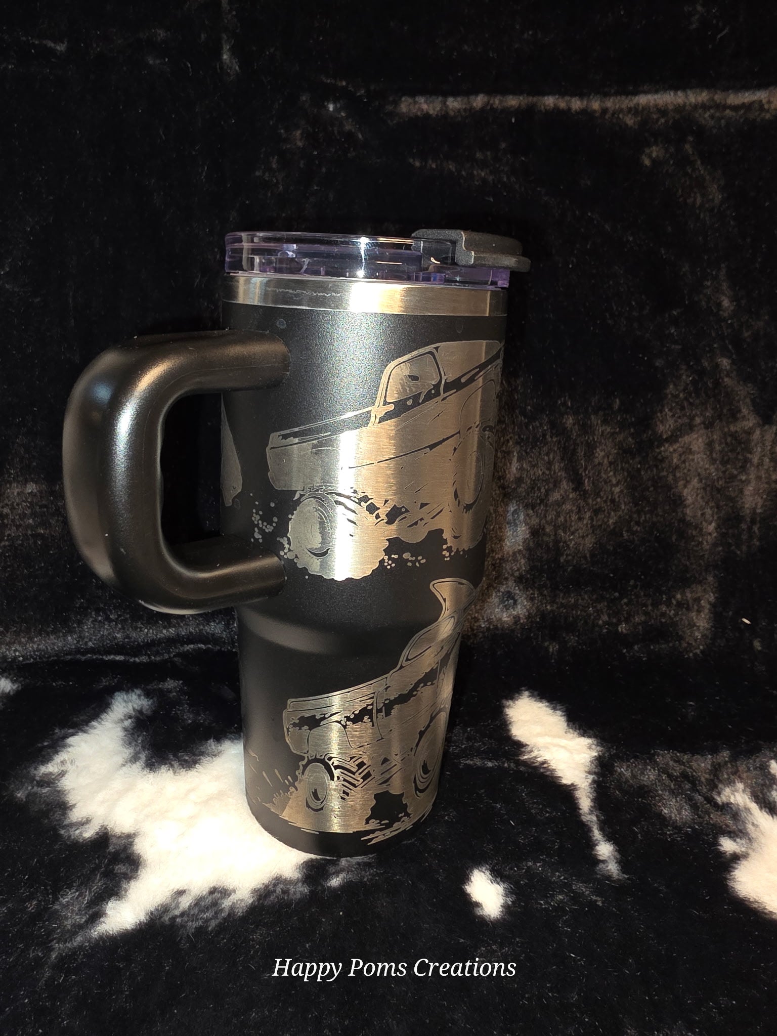 Monster Truck Engraved Travel Mug, 14oz Insulated Tumbler with Handle, Off-Road Truck Gift, Racing Fan Cup, Laser Engraved Mug