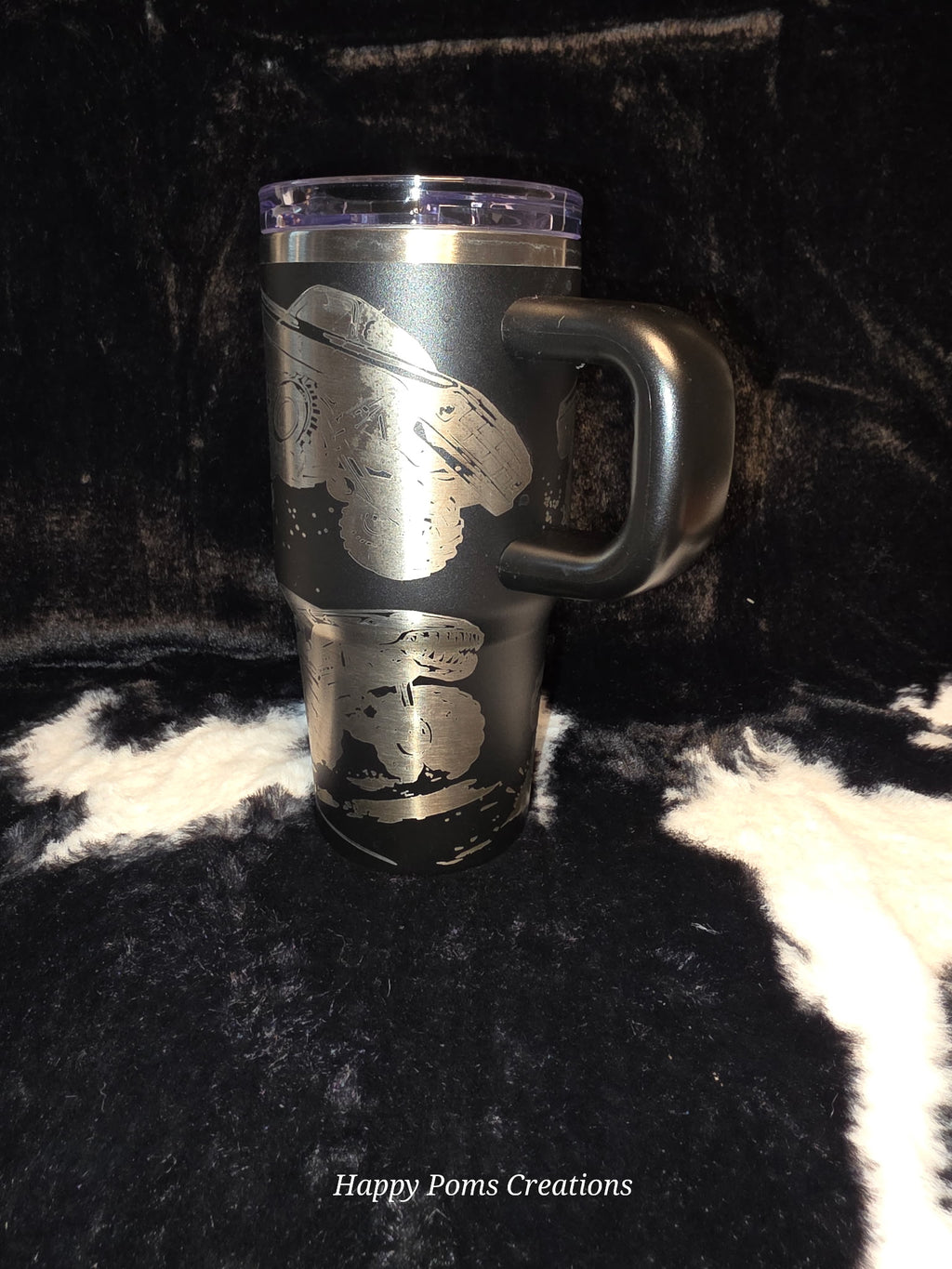 Monster Truck Engraved Travel Mug, 14oz Insulated Tumbler with Handle, Off-Road Truck Gift, Racing Fan Cup, Laser Engraved Mug
