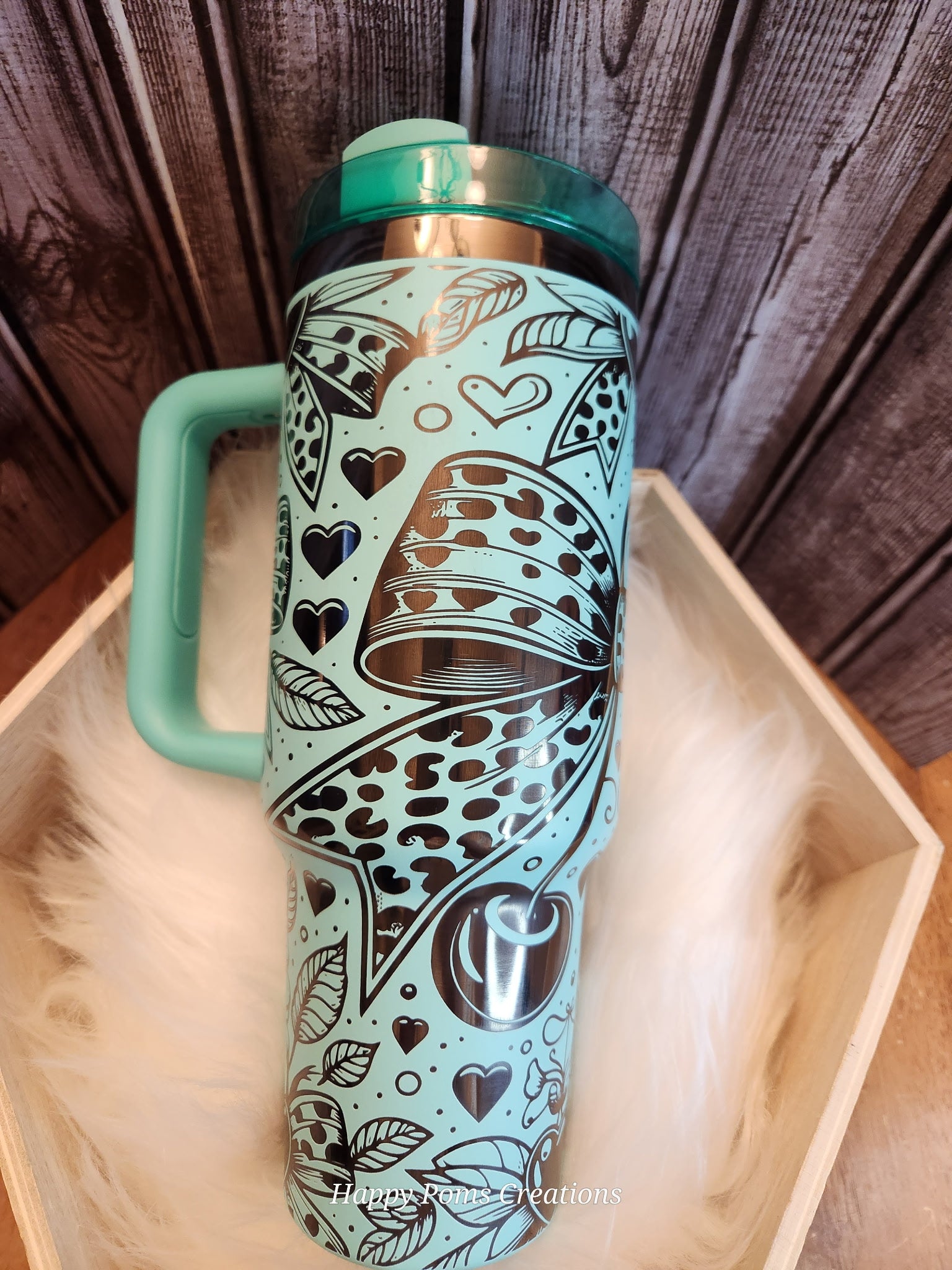 Stainless Steel Stanley Dupe - 40oz, Teal over Black Laser Engraved, Cheetah Bows
