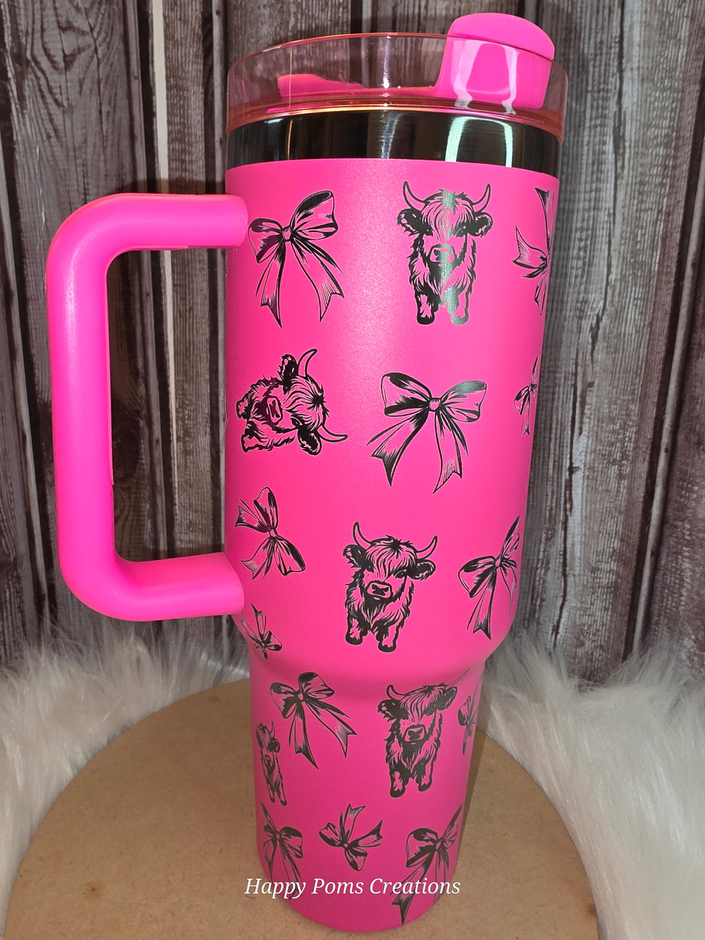 Pink Highland Cow Tumbler with Bows | 40oz Travel Mug with Handle, Western Style