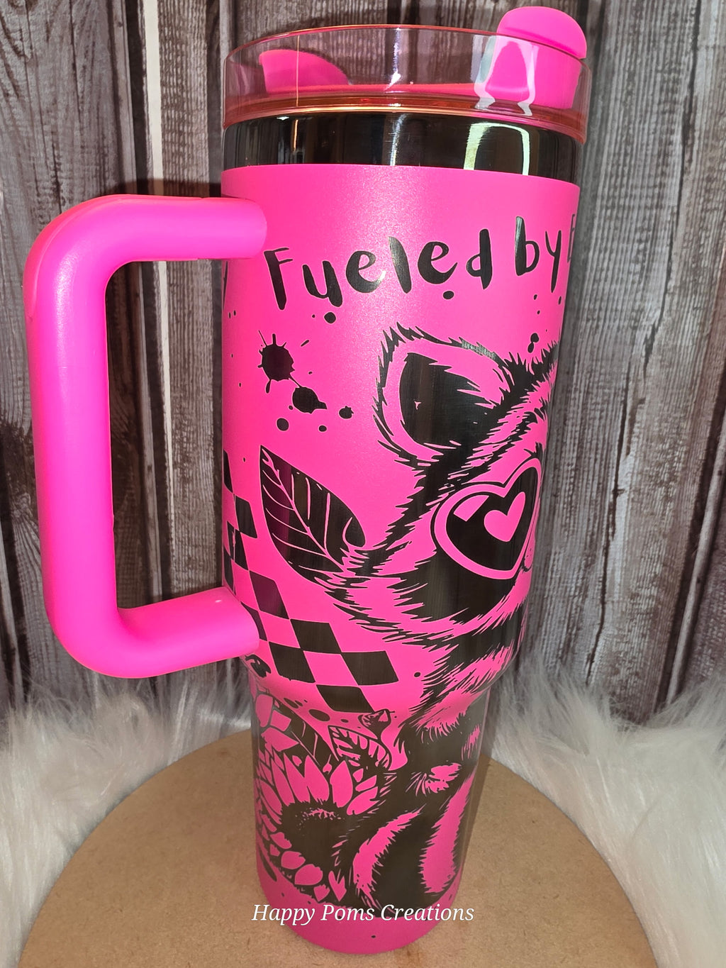 Stainless Steel Stanley Dupe Tumbler - 40 oz, Pink, Laser Engraved, Anxiety Racoon