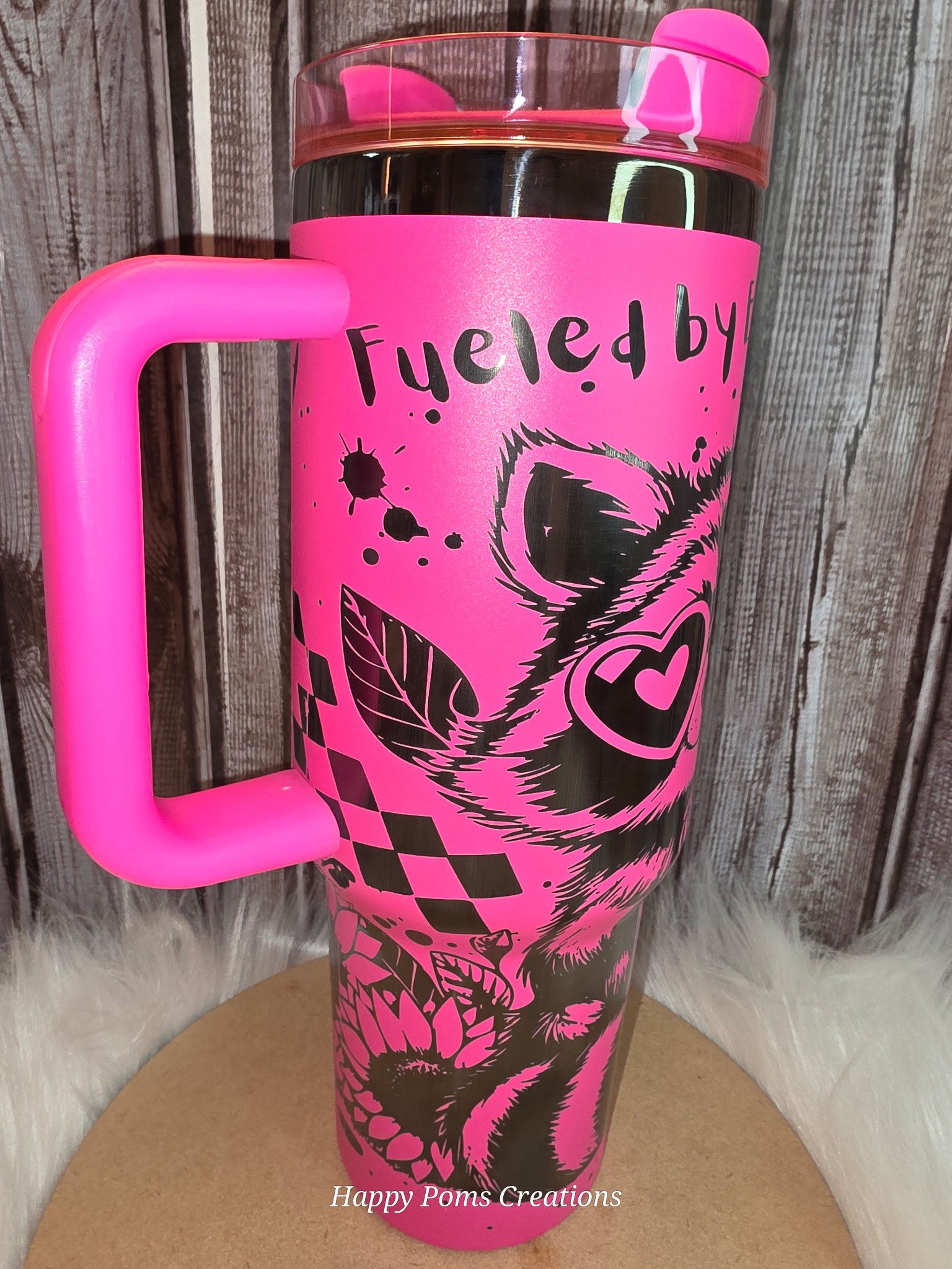 Stainless Steel Stanley Dupe Tumbler - 40 oz, Pink, Laser Engraved, Anxiety Racoon