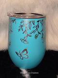 12 oz Engraved Floral Butterfly Wine Tumbler | Personalized Insulated Stainless Steel Cup | Gift for Mom, Wife, Sister, Nature Lover