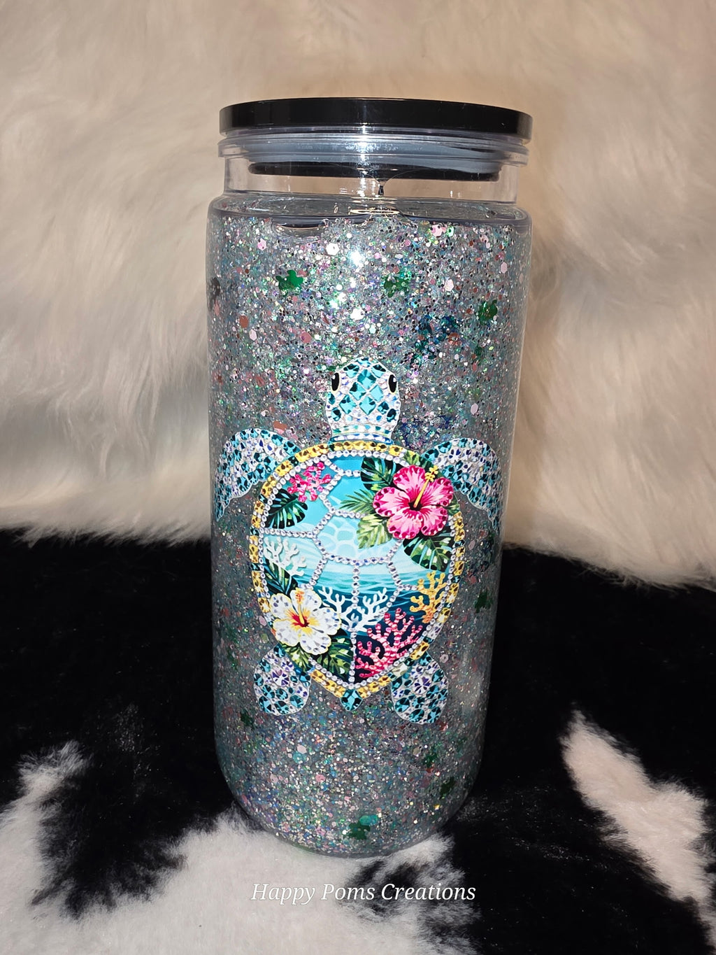 Sea Turtle Glitter Snow Globe Tumbler 16 oz | Tropical Floral Libbey Glass Can Cup | Ocean Beach Iced Coffee Cup | Gift for Her