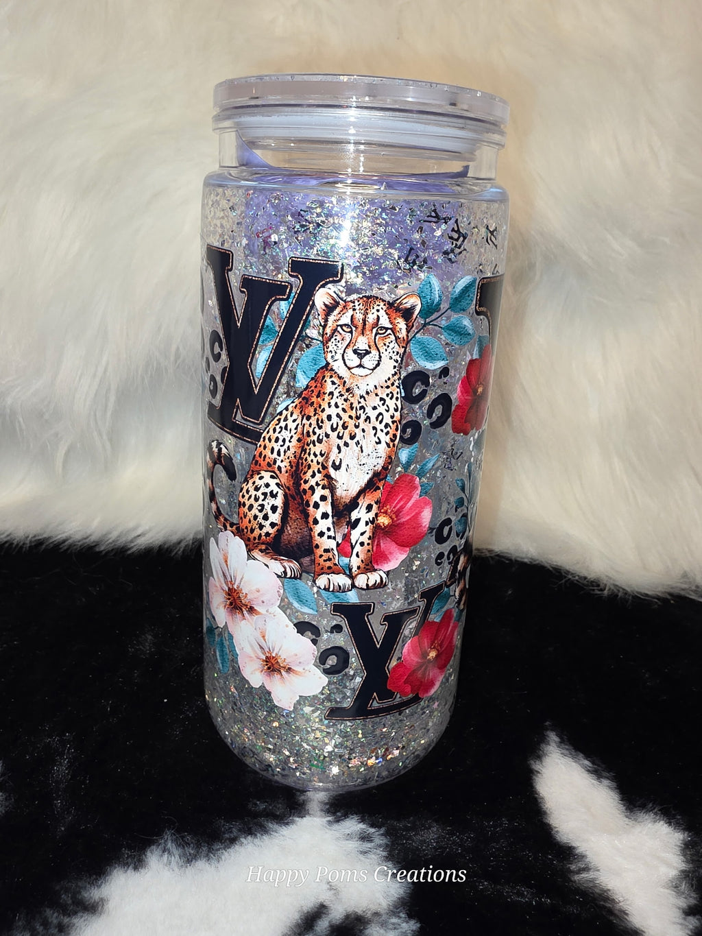 16 oz Glitter Cheetah Can Tumbler with Straw | Leopard Floral Libbey Cup | Sparkly Iced Coffee Glass | Animal Lover Gift | Cute Coffee Cup