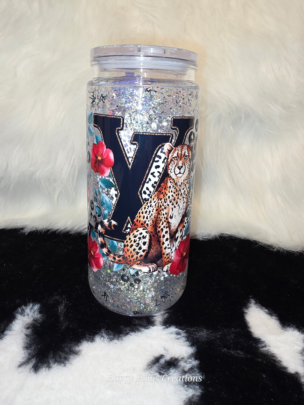 16 oz Glitter Cheetah Can Tumbler with Straw | Leopard Floral Libbey Cup | Sparkly Iced Coffee Glass | Animal Lover Gift | Cute Coffee Cup