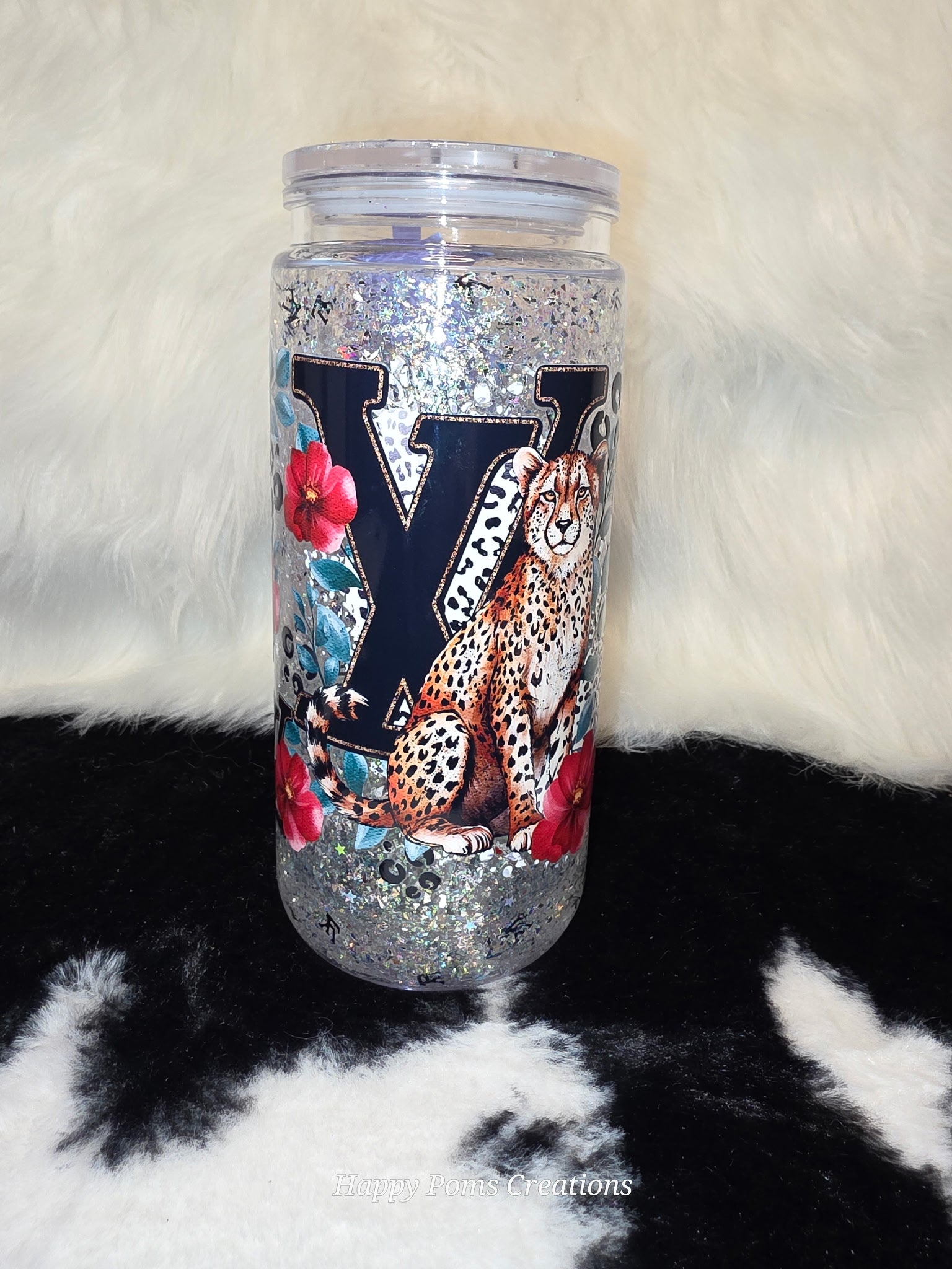 16 oz Glitter Cheetah Can Tumbler with Straw | Leopard Floral Libbey Cup | Sparkly Iced Coffee Glass | Animal Lover Gift | Cute Coffee Cup