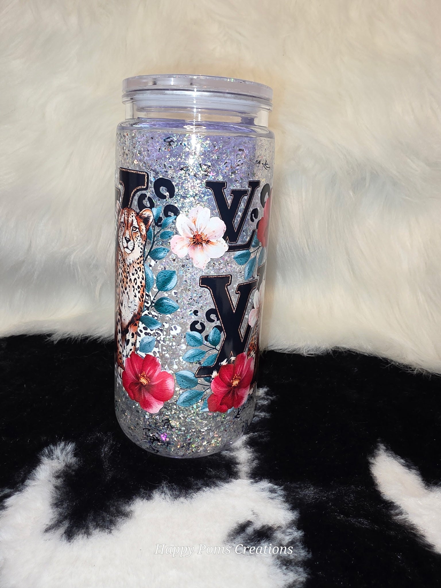 16 oz Glitter Cheetah Can Tumbler with Straw | Leopard Floral Libbey Cup | Sparkly Iced Coffee Glass | Animal Lover Gift | Cute Coffee Cup