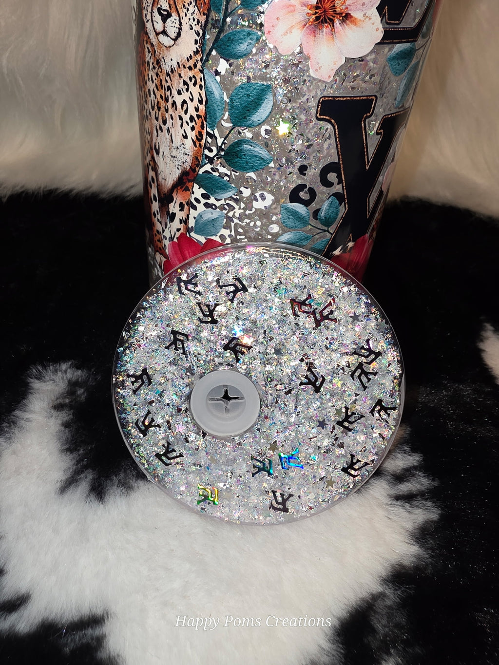 16 oz Glitter Cheetah Can Tumbler with Straw | Leopard Floral Libbey Cup | Sparkly Iced Coffee Glass | Animal Lover Gift | Cute Coffee Cup