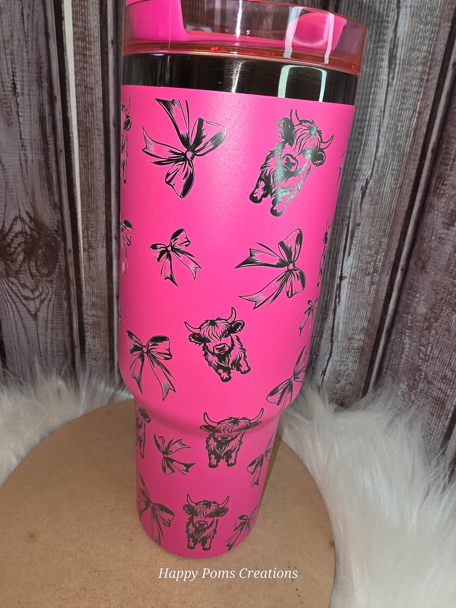Pink Highland Cow Tumbler with Bows | 40oz Travel Mug with Handle, Western Style