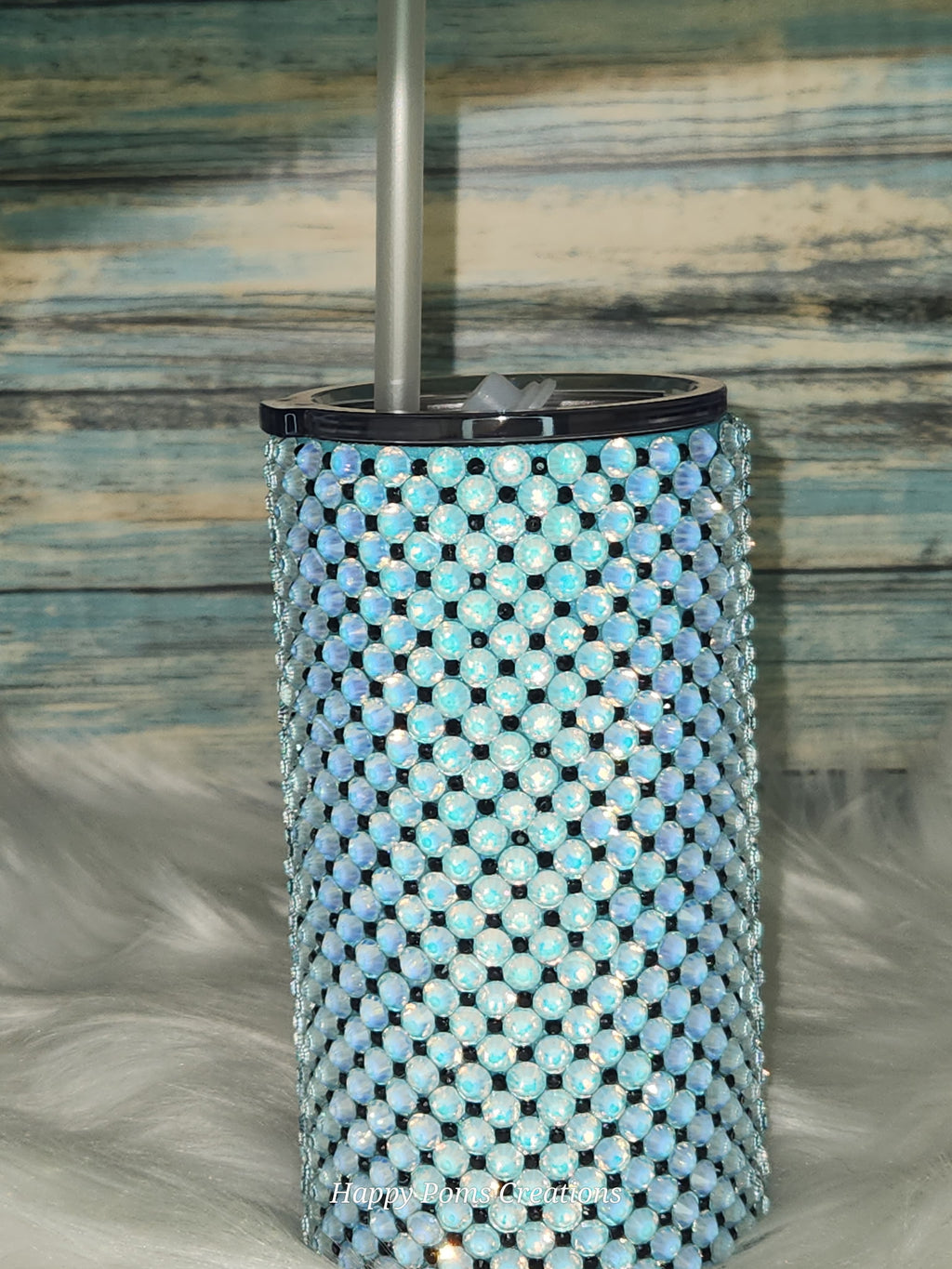 Stainless-Steel cup - 16 oz, Dazziling Blue Rhinestones, w/Straw.