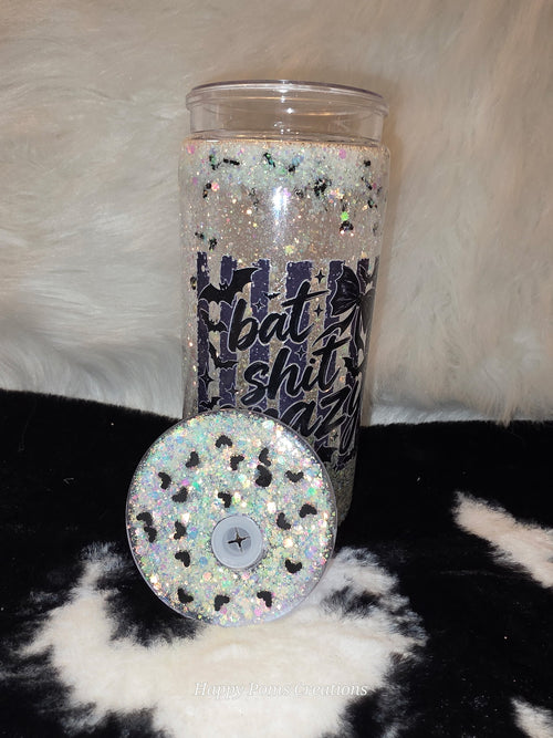 16 oz Bat Shit Crazy Tumbler | Glitter Halloween Cup | Funny Bat Tumbler | Spooky Gothic Drinkware | Halloween Gift for Her