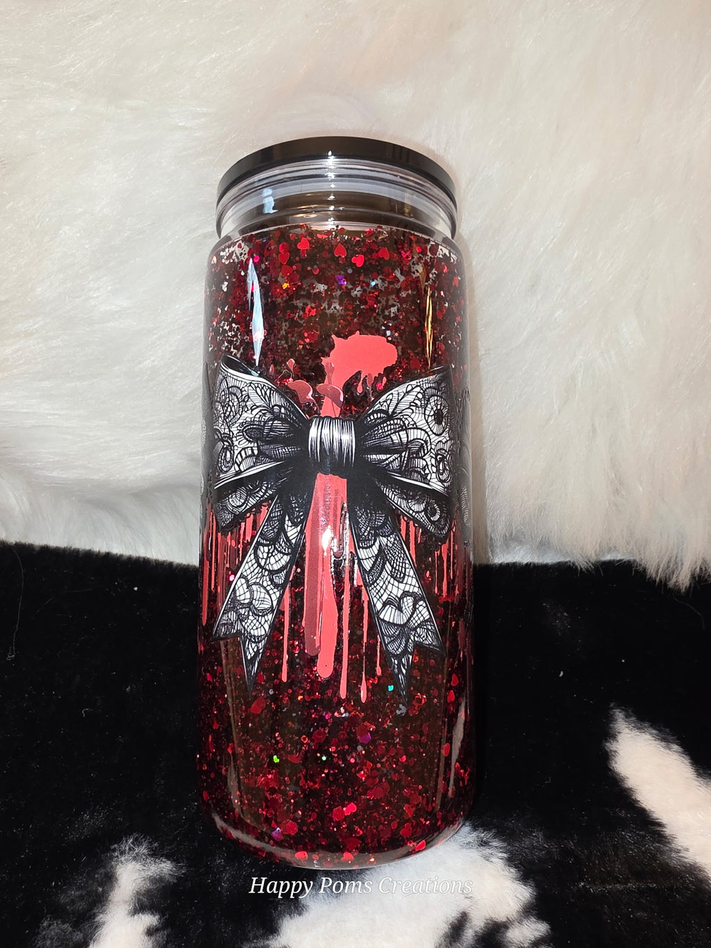 16 oz Gothic Bow Tumbler, Red Glitter Blood Drip Cup, Black Lace Bow Tumbler, Spooky Coquette Drinkware, Horror Gift for Her