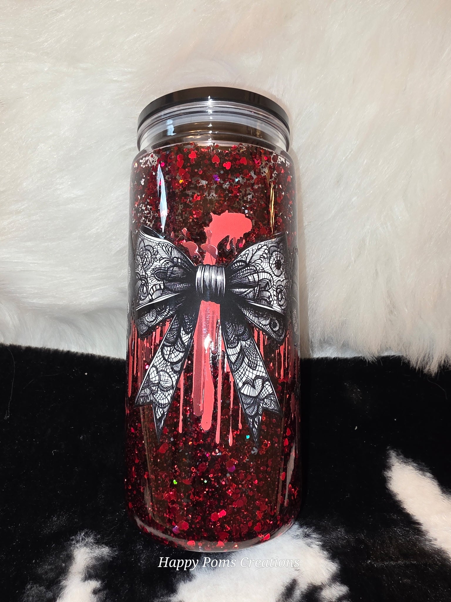 16 oz Gothic Bow Tumbler, Red Glitter Blood Drip Cup, Black Lace Bow Tumbler, Spooky Coquette Drinkware, Horror Gift for Her