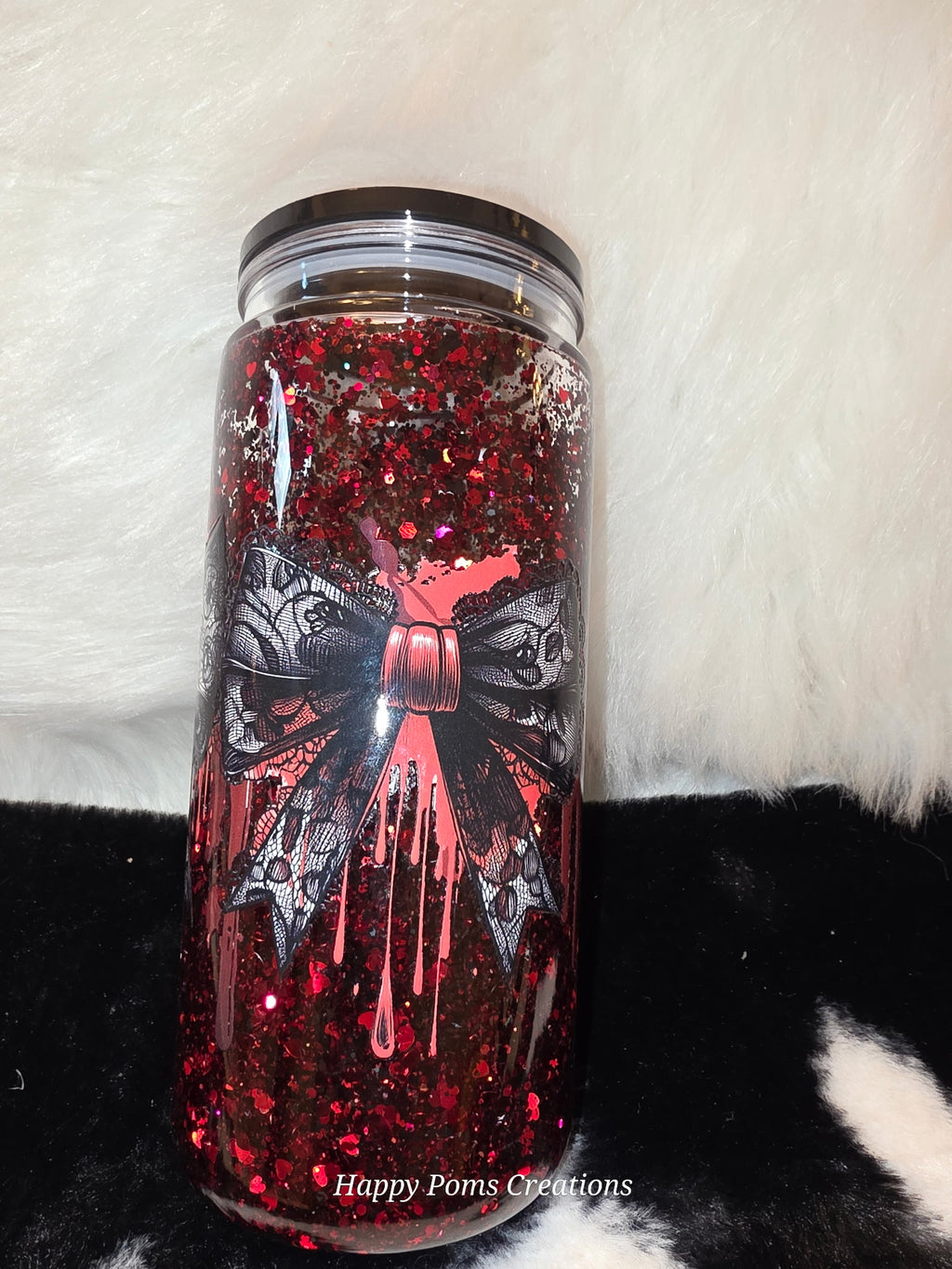16 oz Gothic Bow Tumbler, Red Glitter Blood Drip Cup, Black Lace Bow Tumbler, Spooky Coquette Drinkware, Horror Gift for Her