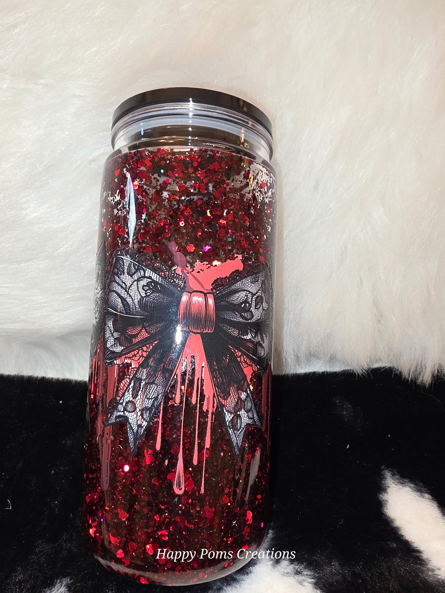 16 oz Gothic Bow Tumbler, Red Glitter Blood Drip Cup, Black Lace Bow Tumbler, Spooky Coquette Drinkware, Horror Gift for Her