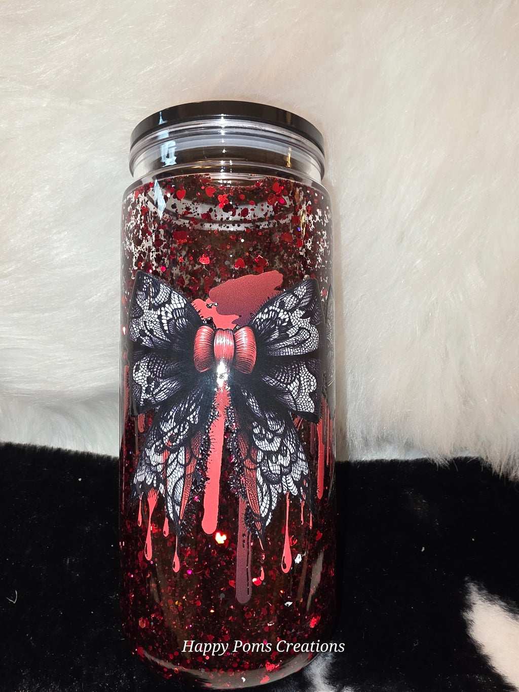 16 oz Gothic Bow Tumbler, Red Glitter Blood Drip Cup, Black Lace Bow Tumbler, Spooky Coquette Drinkware, Horror Gift for Her