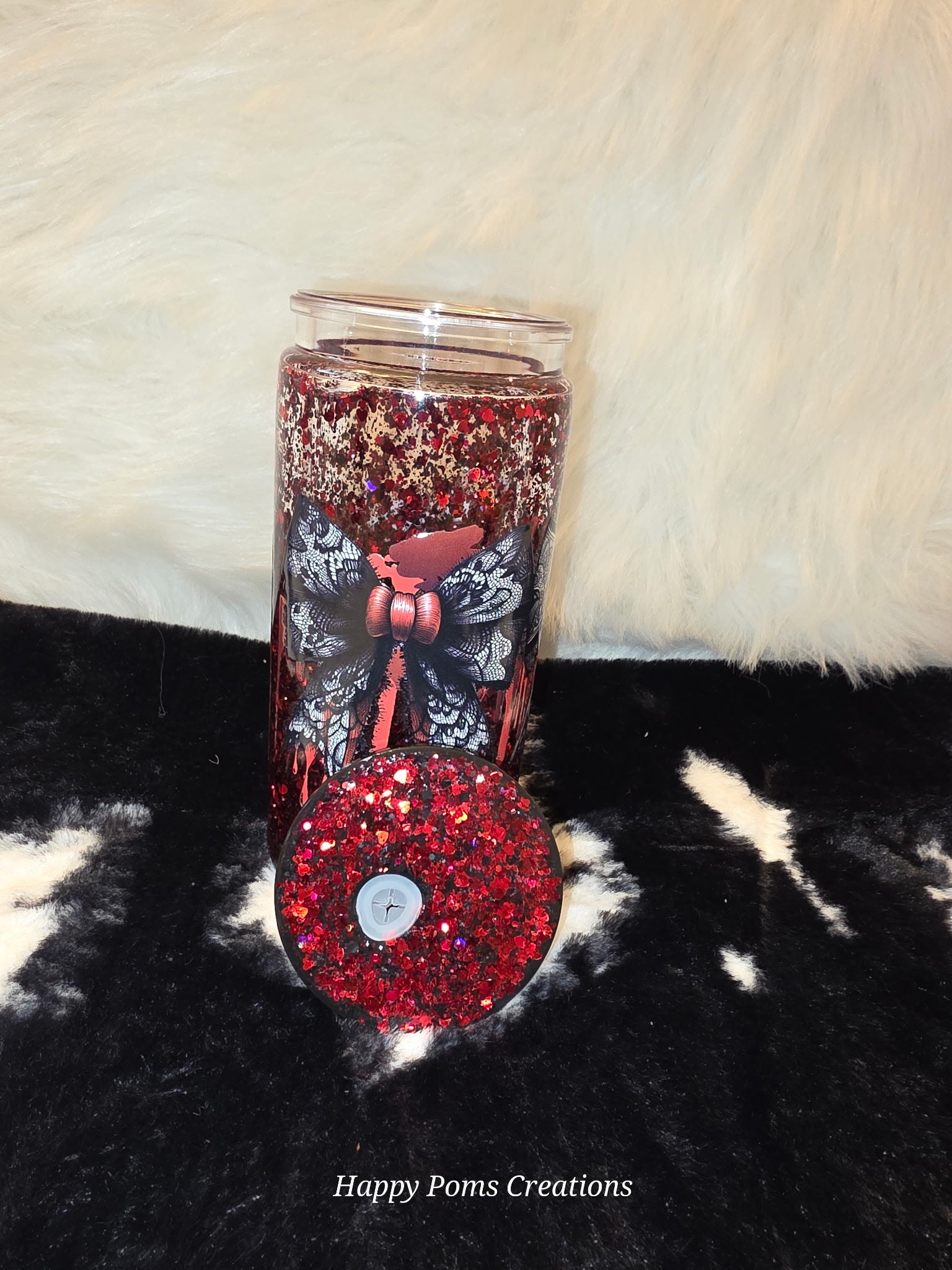 16 oz Gothic Bow Tumbler, Red Glitter Blood Drip Cup, Black Lace Bow Tumbler, Spooky Coquette Drinkware, Horror Gift for Her