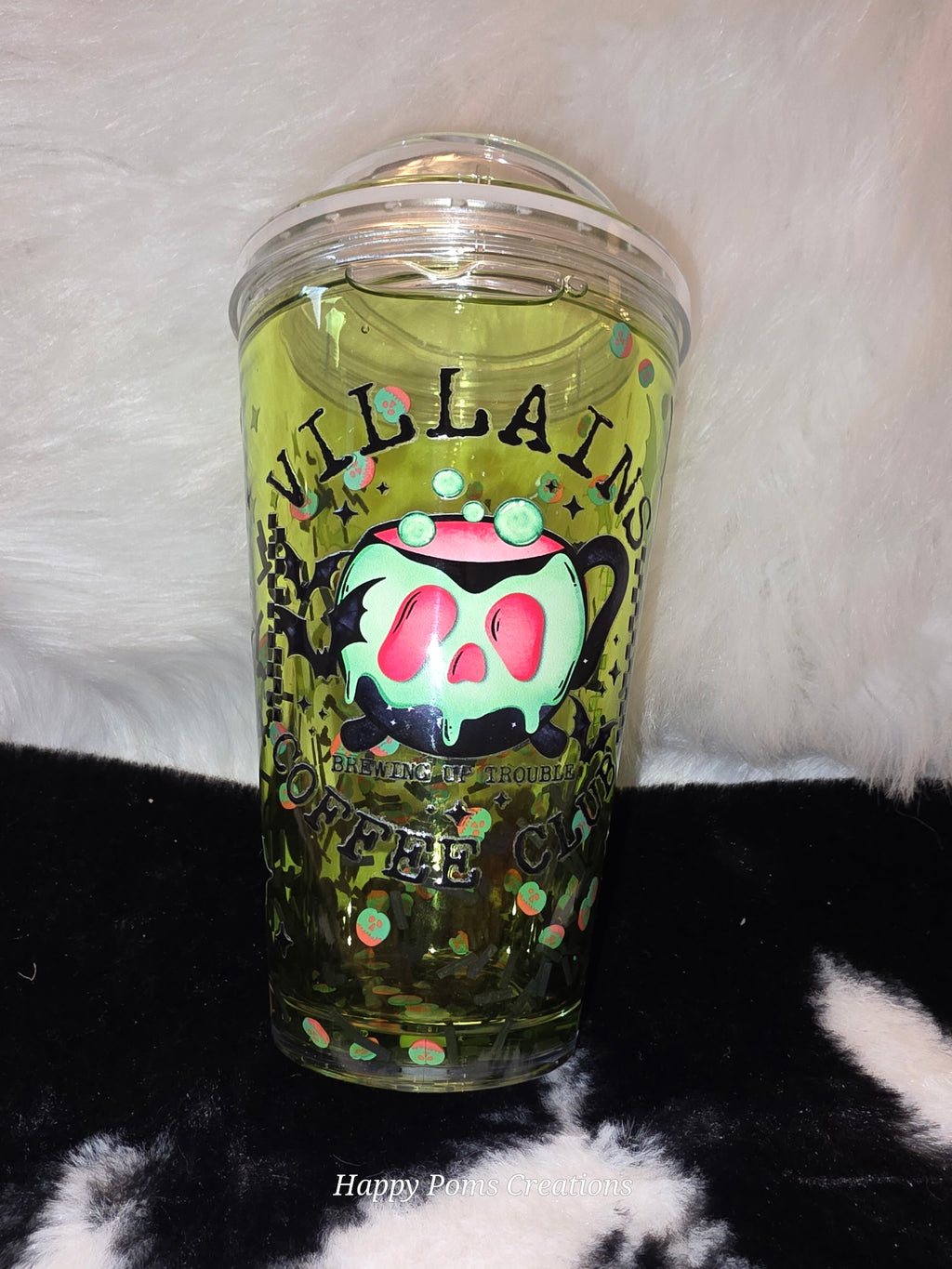 16 oz Halloween Snow Globe Tumbler – Villain Coffee Club Cup – Green Potion Skull Cauldron – Bats & Spooky Glitter Tumbler – Halloween Gift