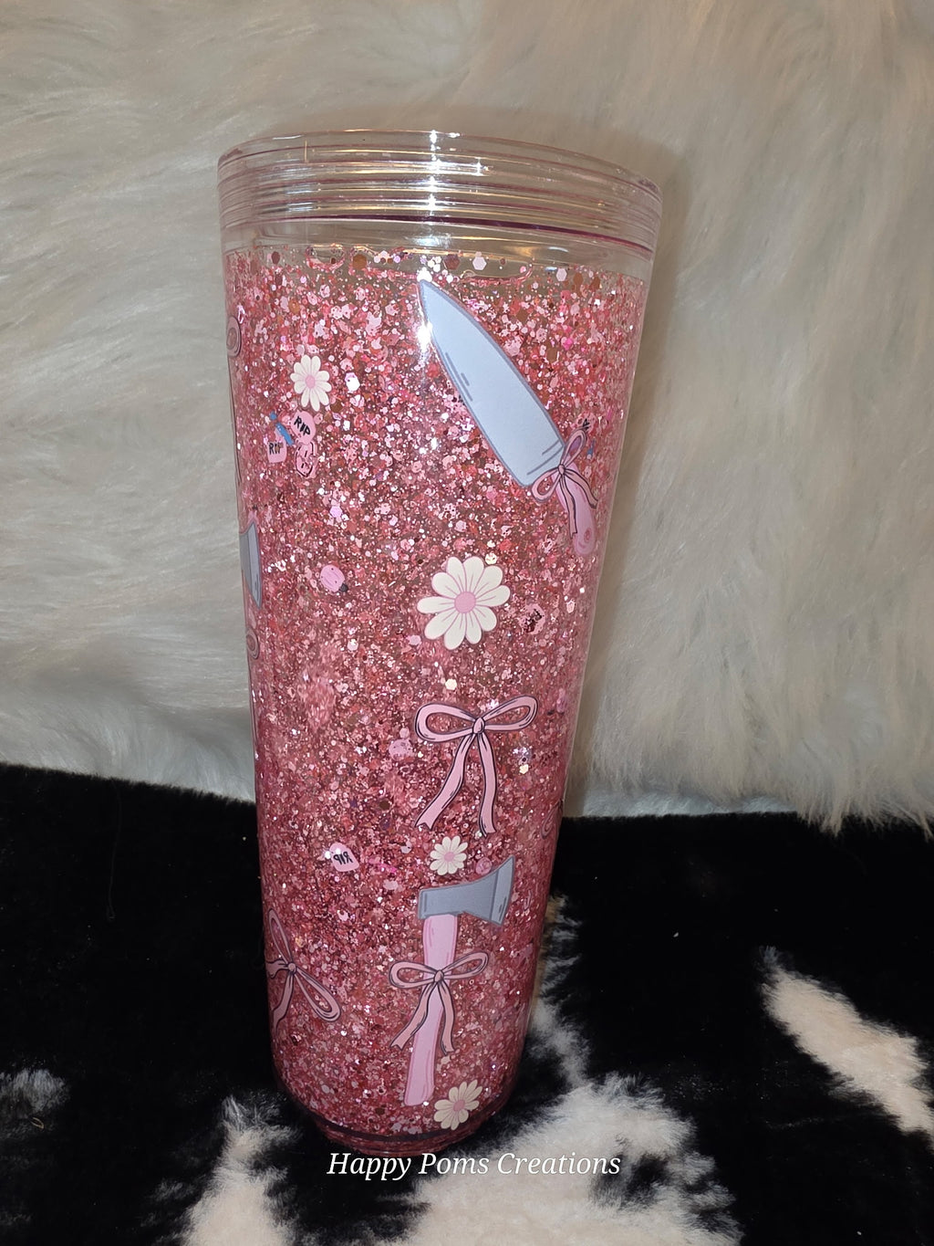 Pink Glitter Horror Tumbler | Cute Knife & Axe Cup | Coquette Bow Tumbler | Spooky Girly Cup | True Crime Inspired Glitter Tumbler