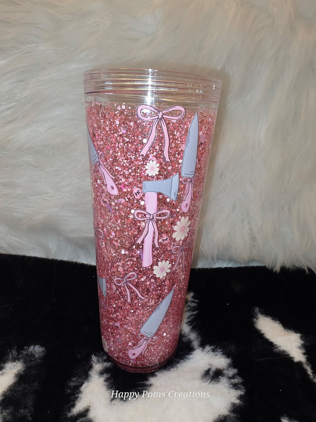 Pink Glitter Horror Tumbler | Cute Knife & Axe Cup | Coquette Bow Tumbler | Spooky Girly Cup | True Crime Inspired Glitter Tumbler