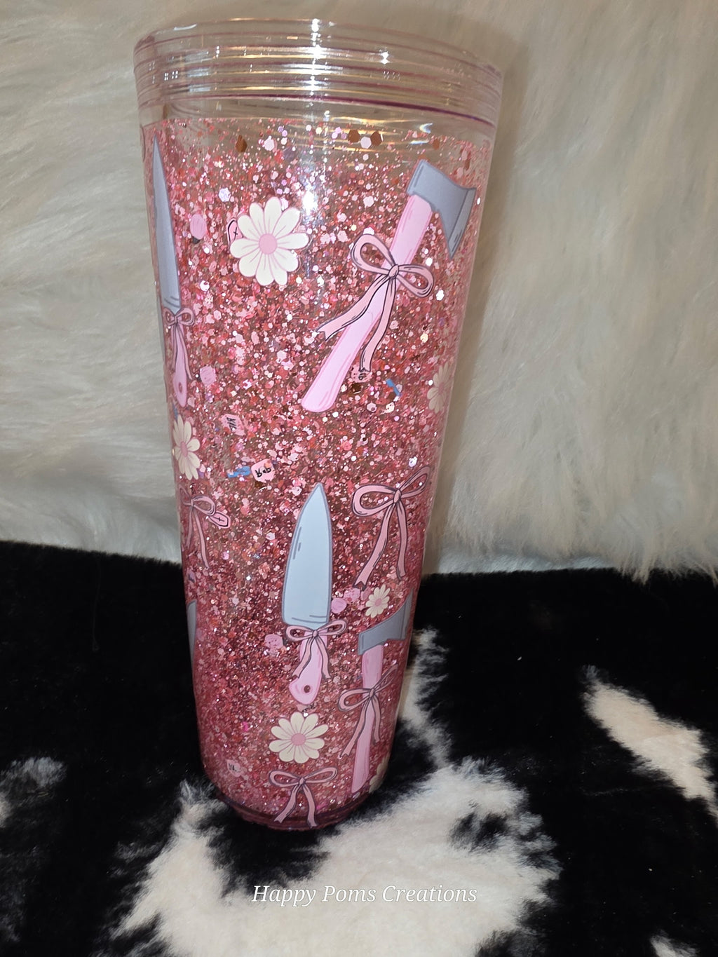 Pink Glitter Horror Tumbler | Cute Knife & Axe Cup | Coquette Bow Tumbler | Spooky Girly Cup | True Crime Inspired Glitter Tumbler