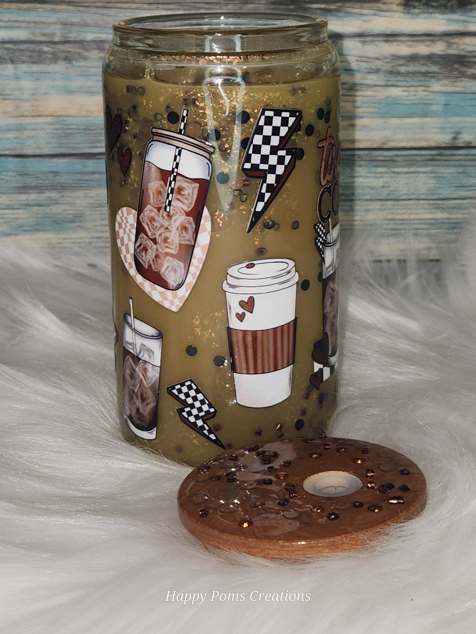 Glass Cup - 16 oz, Snow-Globe, Tired Mom Coffee w/Straw.