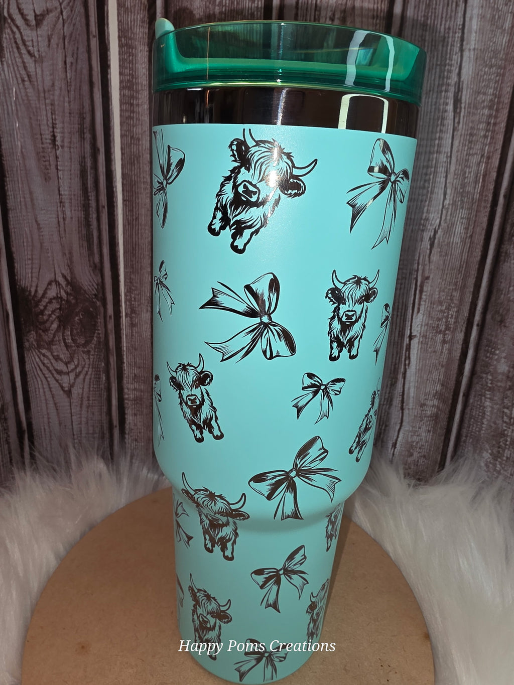 Teal Highland Cow Tumbler with Bows | 40oz Travel Mug with Handle, Western Style