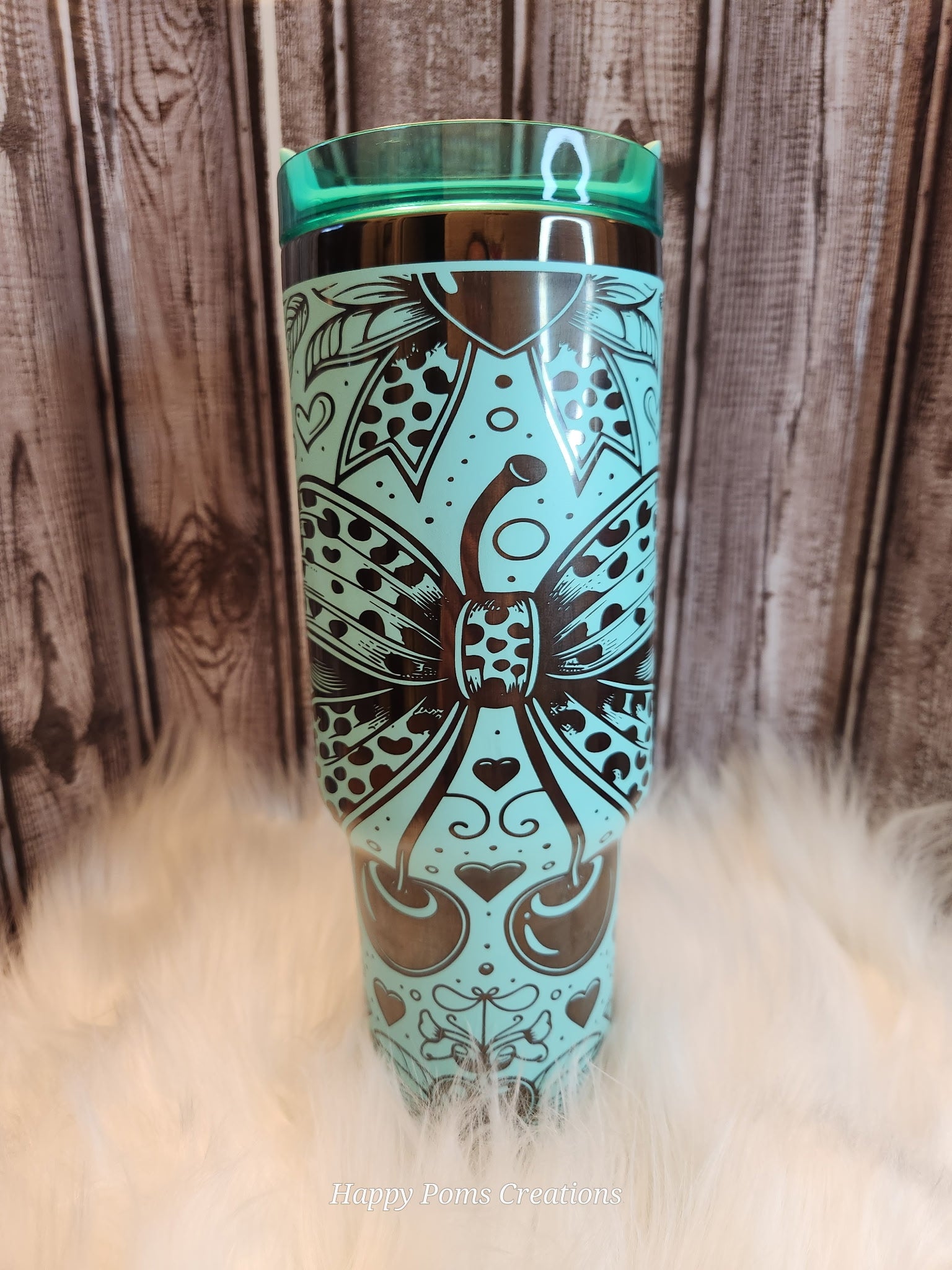 Stainless Steel Stanley Dupe - 40oz, Teal over Black Laser Engraved, Cheetah Bows