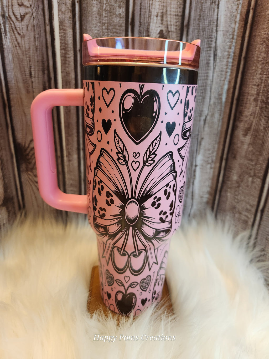 Pink Cherry Butterfly 40oz Stainless Steel Tumbler, Floral Heart Travel Mug
