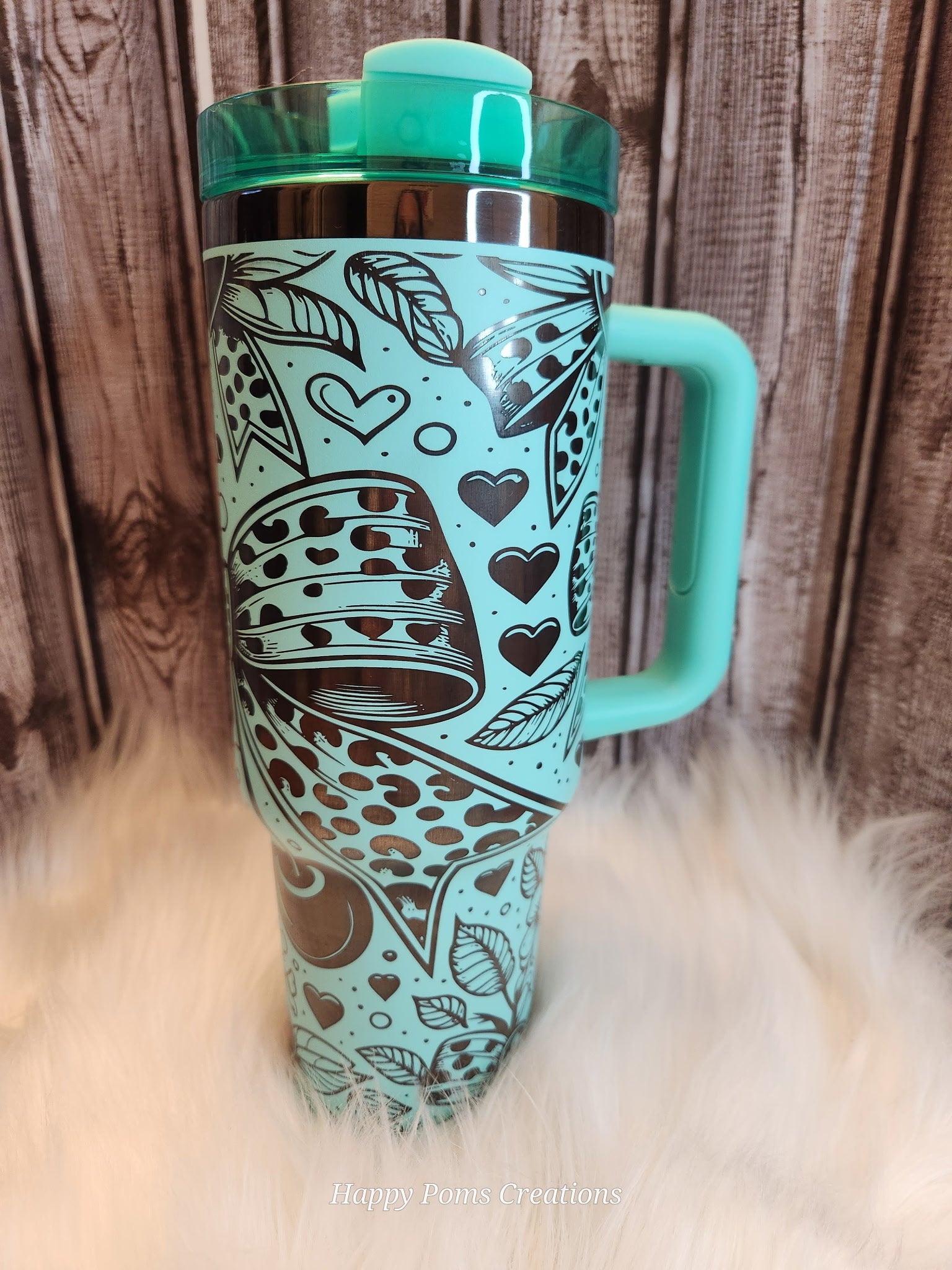 Stainless Steel Stanley Dupe - 40oz, Teal over Black Laser Engraved, Cheetah Bows