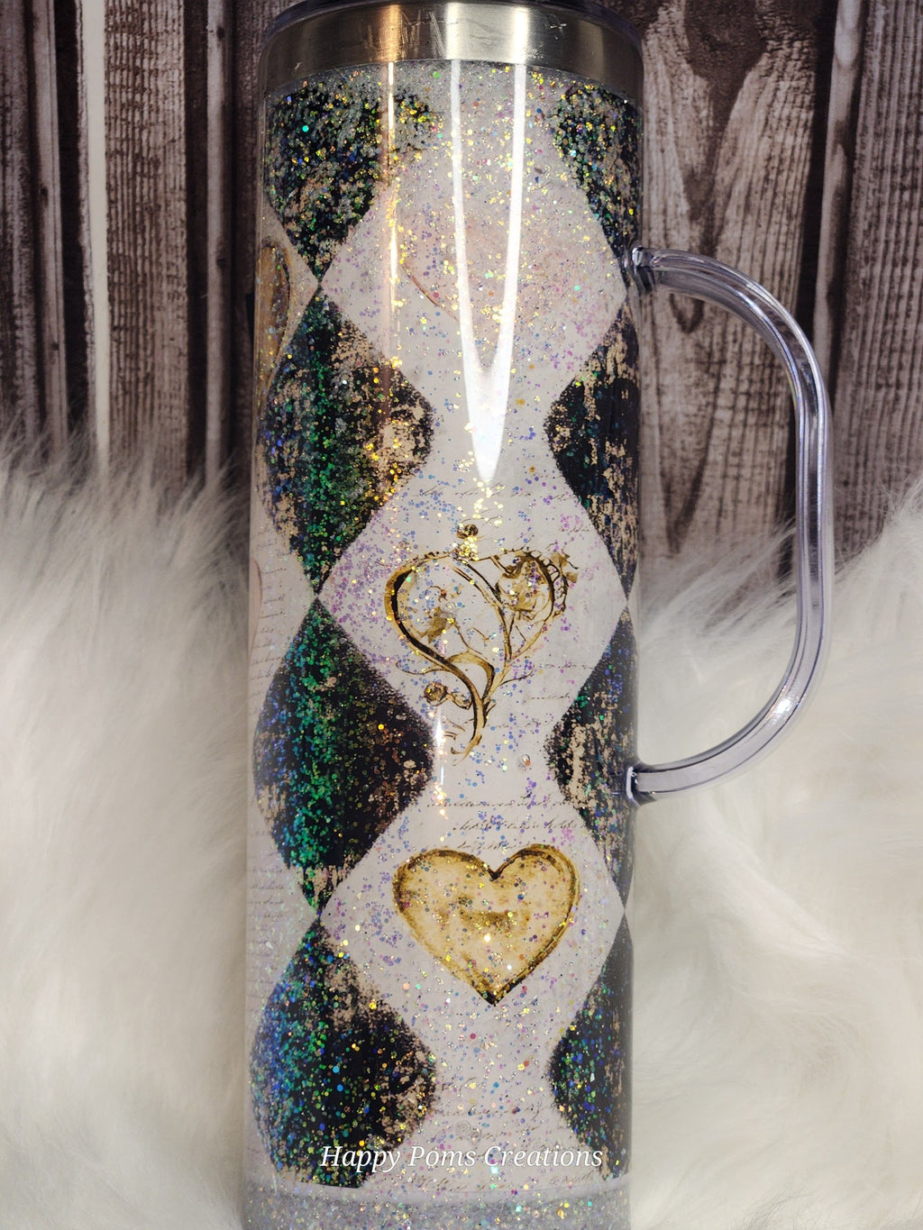 Hearts & Diamonds Snow Globe Tumbler: Acrylic Handle, 20 oz, W/Straw