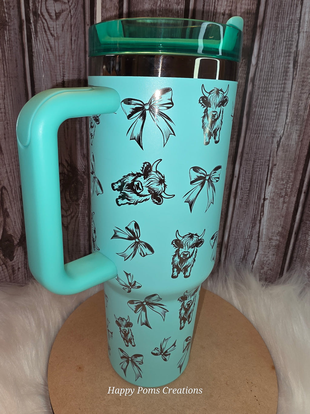 Teal Highland Cow Tumbler with Bows | 40oz Travel Mug with Handle, Western Style