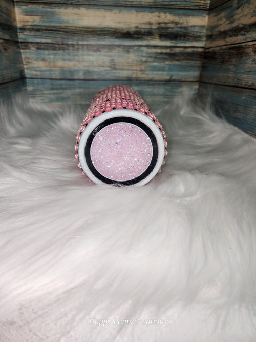 16 oz Stainless Steel Cup - Pink Rhinestones, Fancy Bottom, W/Straw