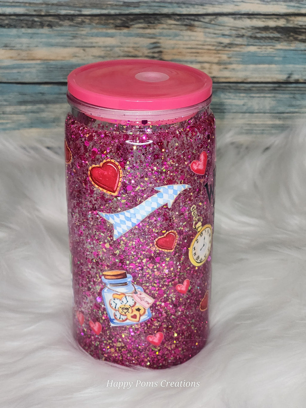 Pink Cheshire Cat Snow Globe Tumbler with Dark Pink Glitter